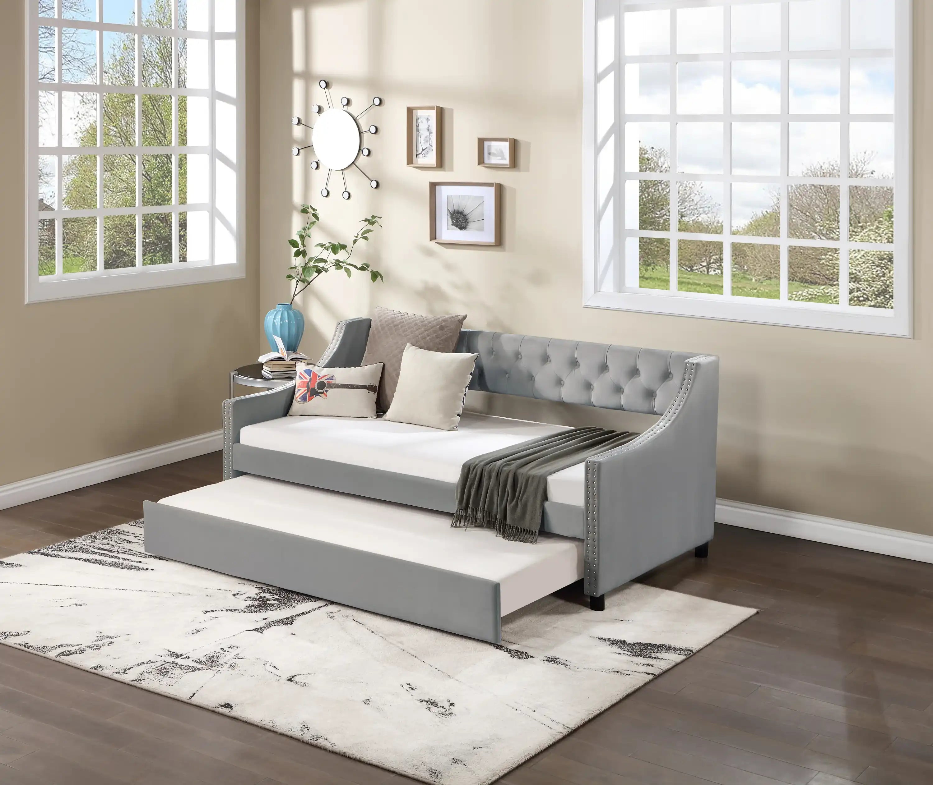 Twin Size Upholstered Daybed with Trundle, Wood Frame, Beige - Best Buy Furniture