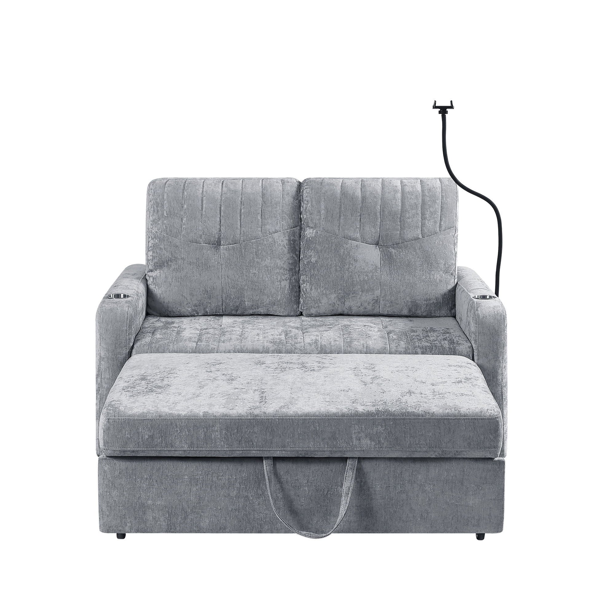 Modern Loveseat Pull Out Sofa Bed With Adjustable Backrest, Two Cup Holders, A Phone Holder, Three Charging Ports And Side Storage Pockets For Living Room - Best Buy Furniture