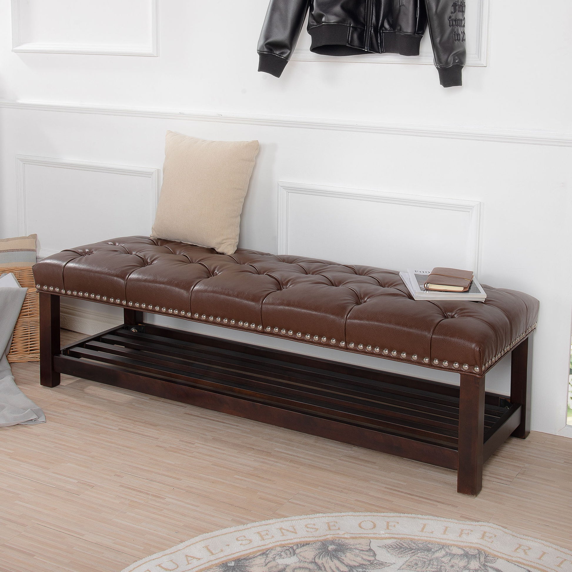 Bedroom End Of Bed Bench Tufted Upholstered End Of Bed Bench End Of Bed Entrance Shoe Bench With Nailhead Trim And Shelf Bedroom Upholstered Leather Bench Living Room Shoe Rack Footstool - Best Buy Furniture