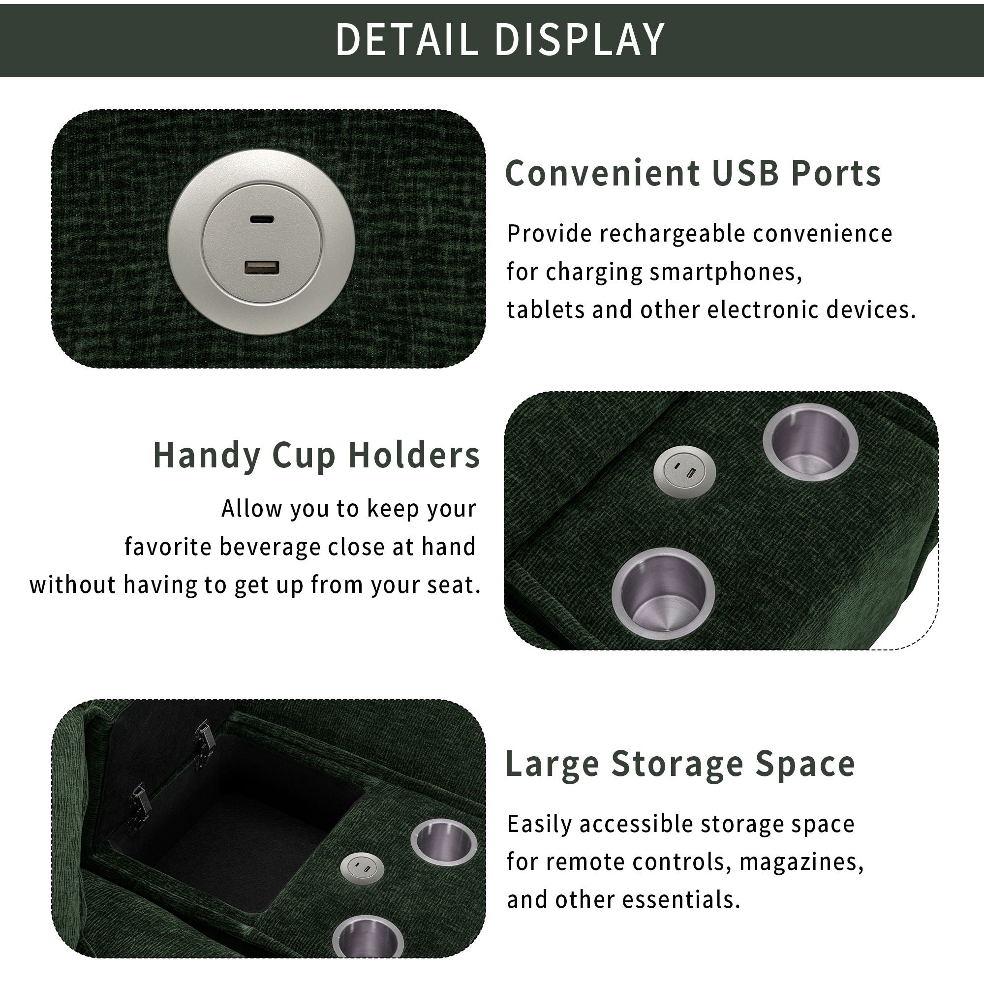 Sectional Sofa Chenille Upholstered Sofa With Two Removable Ottoman, Two USB Ports, Two Cup Holders And Large Storage Box For Living Room - Best Buy Furniture