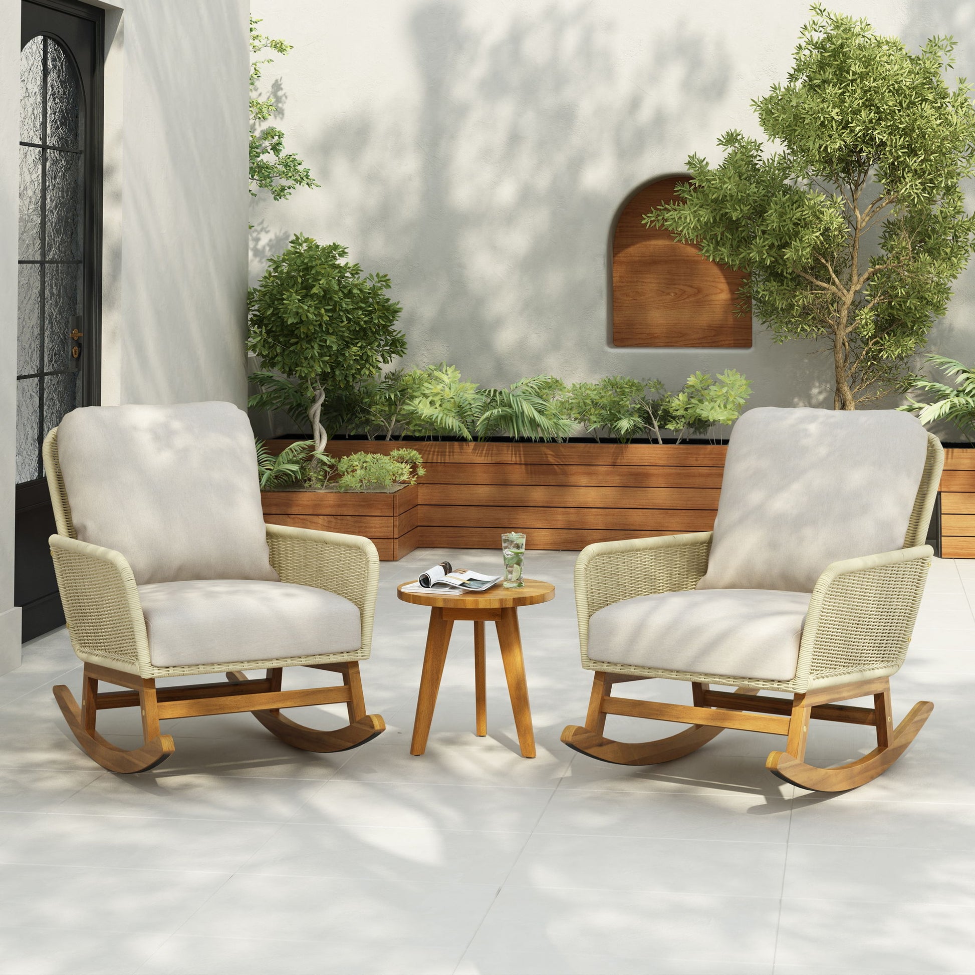 Cushioned Rattan Rocking Chairs With Wooden Accent Table Modern 3 Piece Outdoor Seating Set For Patio Relaxation - Ivory - Best Buy Furniture