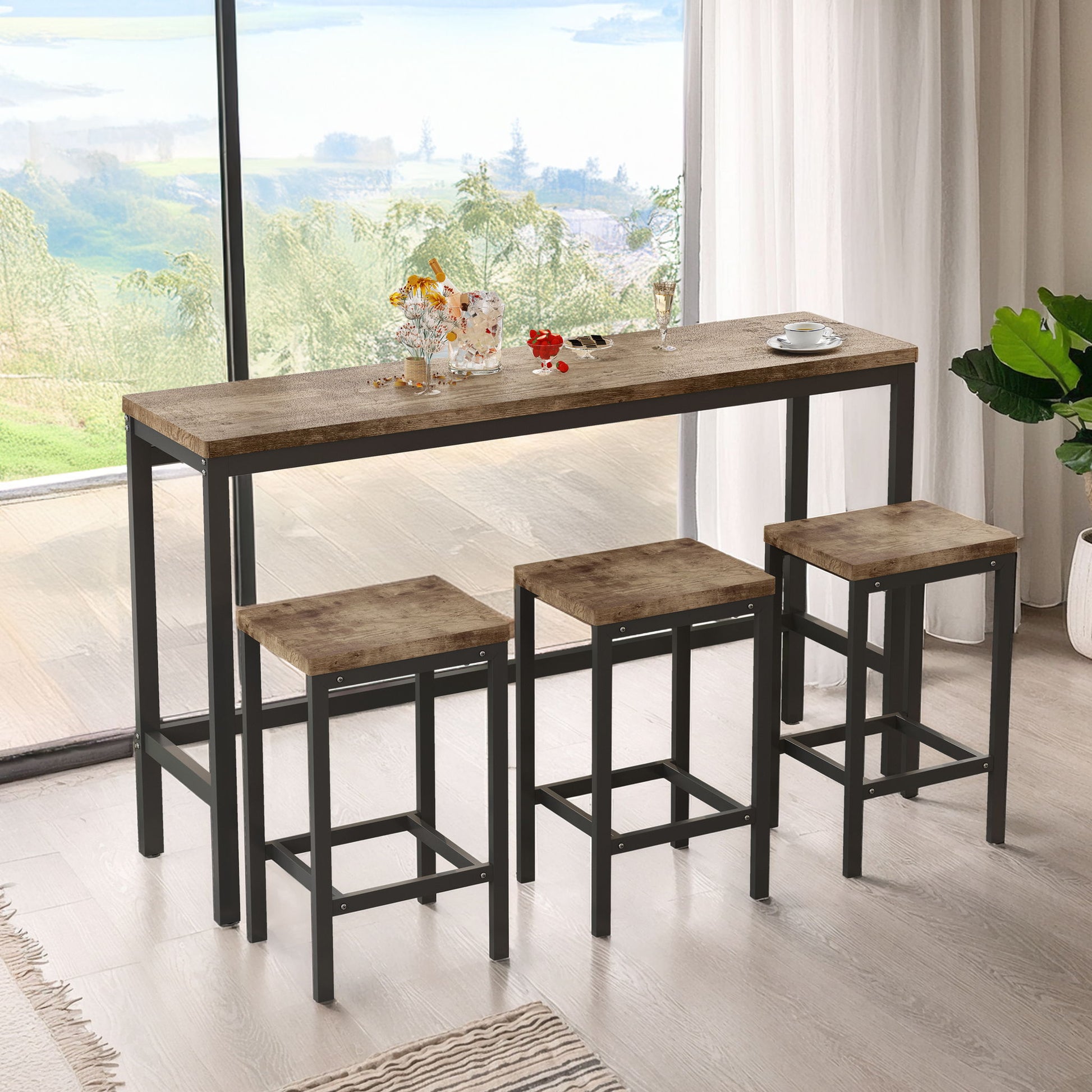 Modern Design Long Dining Table Set With 3 Stools - Best Buy Furniture