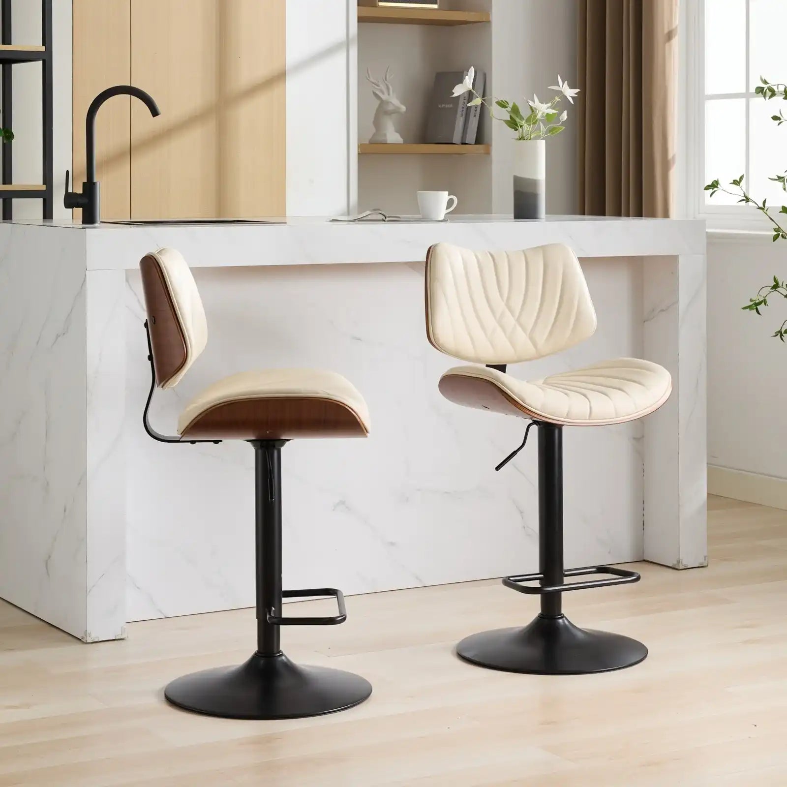 Mid Century Modern Walnut Bar Stool, Adjustable Black Leather Swivel Chair, Beige - Best Buy Furniture