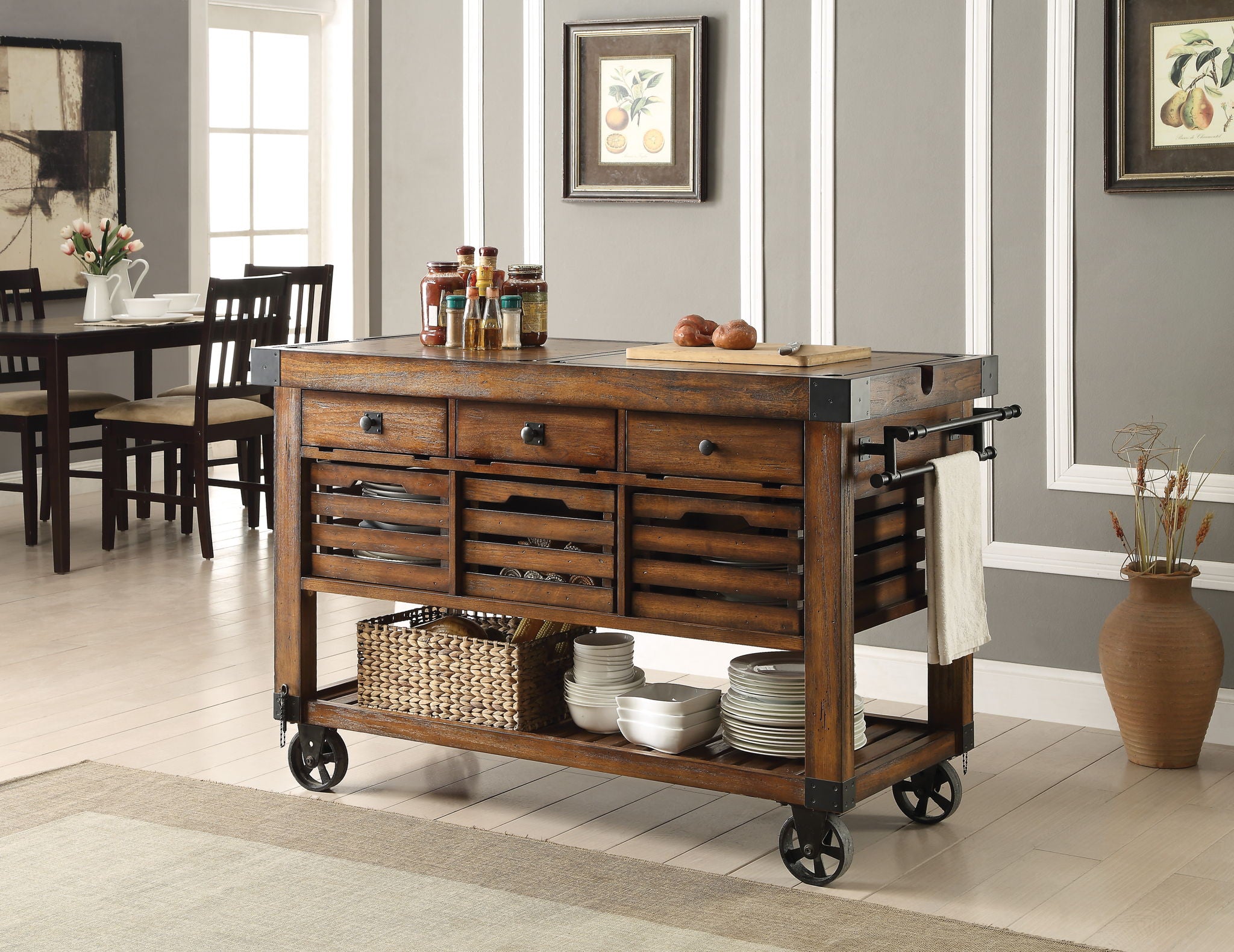 Kaif - Distressed Chestnut Kitchen Cart - Chestnut - Best Buy Furniture