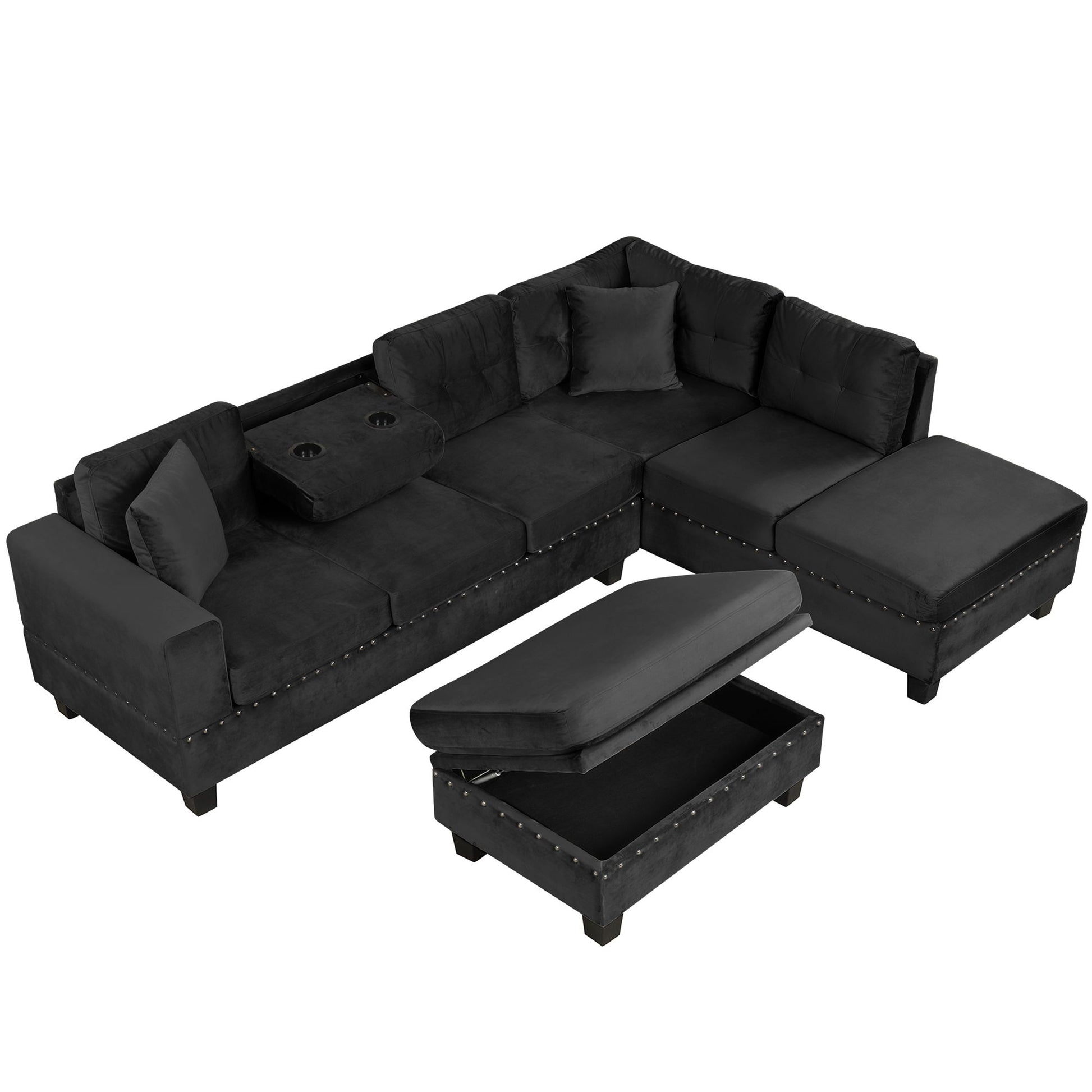 Modern Sectional Sofa With Storage Ottoman, L - Shape Couch With 2 Pillows And Cup Holders - Best Buy Furniture