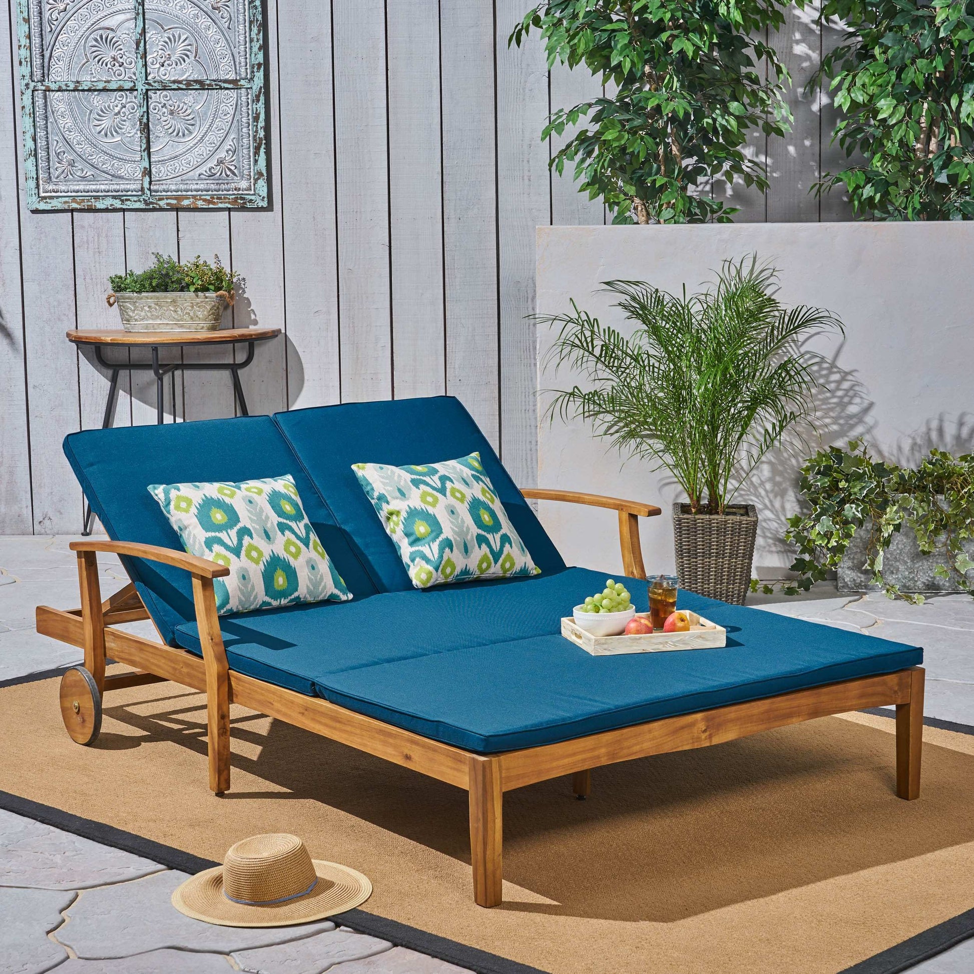 Etherealize Outdoor Adjustable Double Chaise Lounge with Water-Resistant Cushions, Teak and Blue - Best Buy Furniture