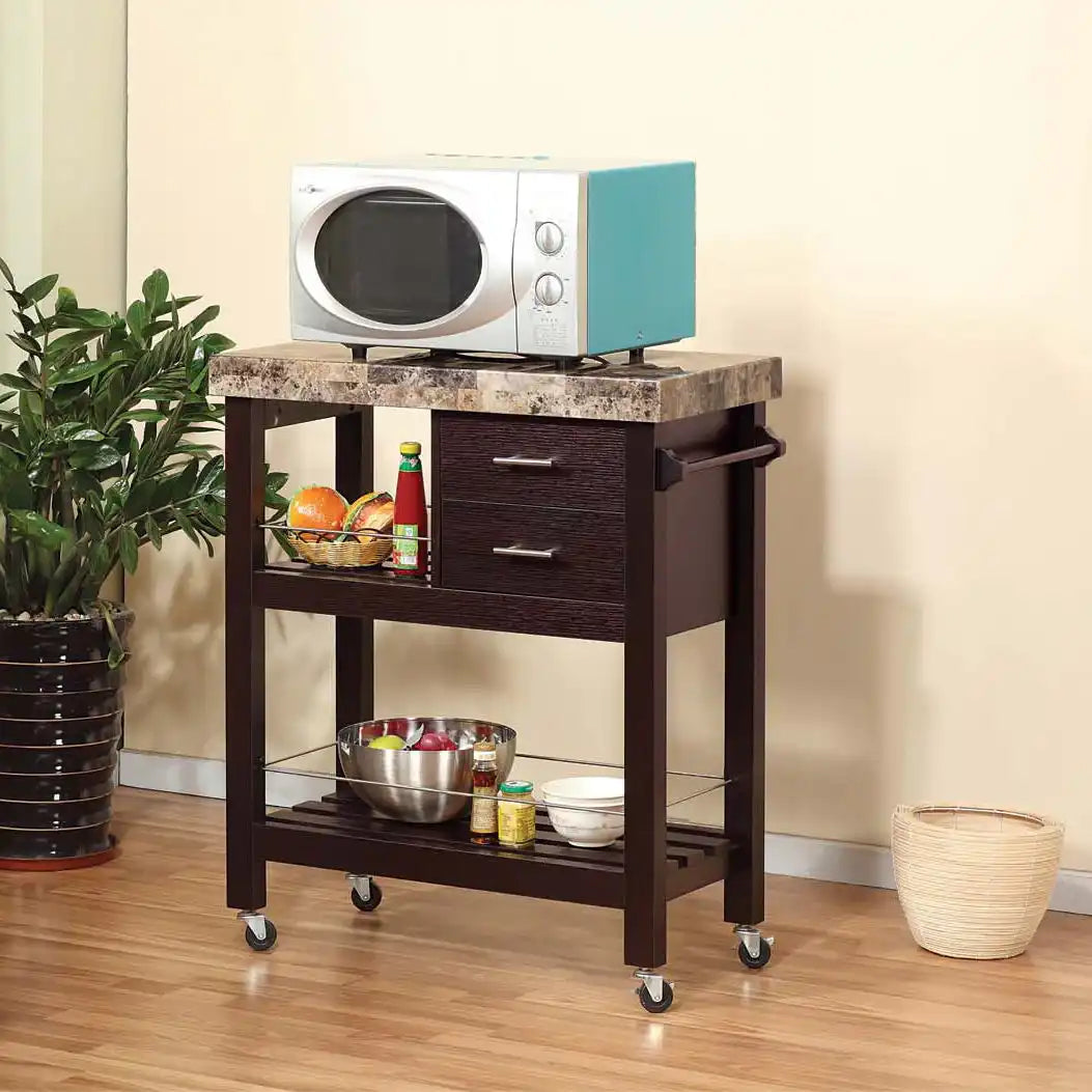 Kitchen Cart Red Cocoa Faux Marble Chunky Thick Top Two Drawers Locking Rubber Wheel Castors Slat Vented Shelves Towel Bar - Espresso - Best Buy Furniture