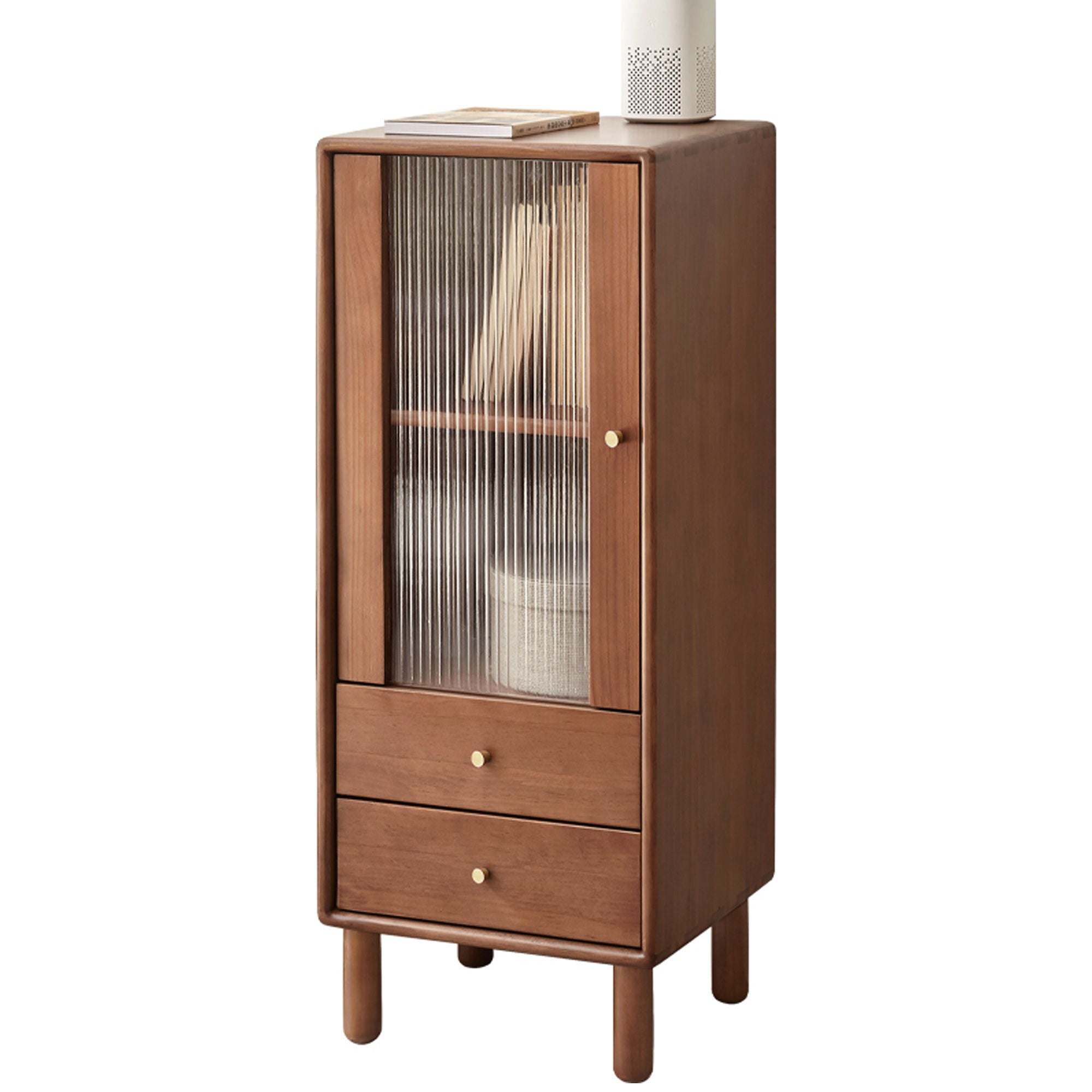 Free-Standing Corner Cabinets Storage Table With Vintage Glass Door, 2 Shelves, 2 Drawers And Brass Handle - Walnut - Best Buy Furniture
