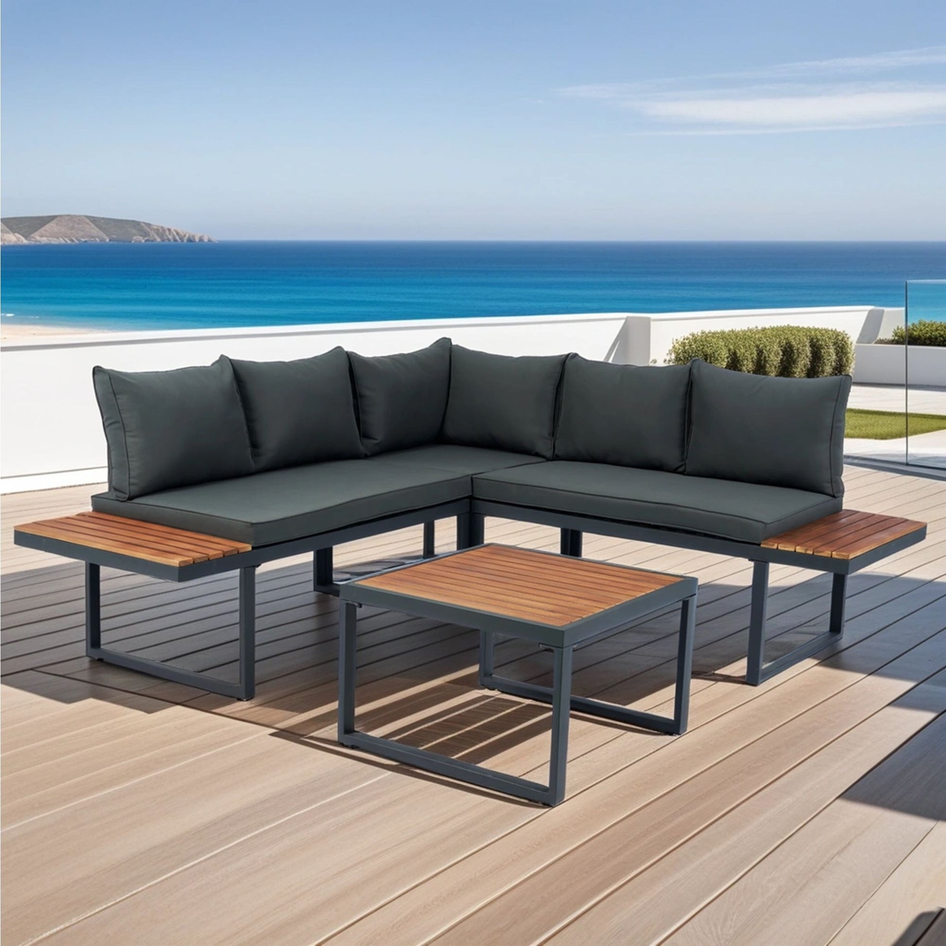4 Piece L-Shaped Patio Wicker Outdoor 5 Seater Sectional Sofa Seating Group Conversation Sets With Side Table & Cushions - Dark Gray - Best Buy Furniture