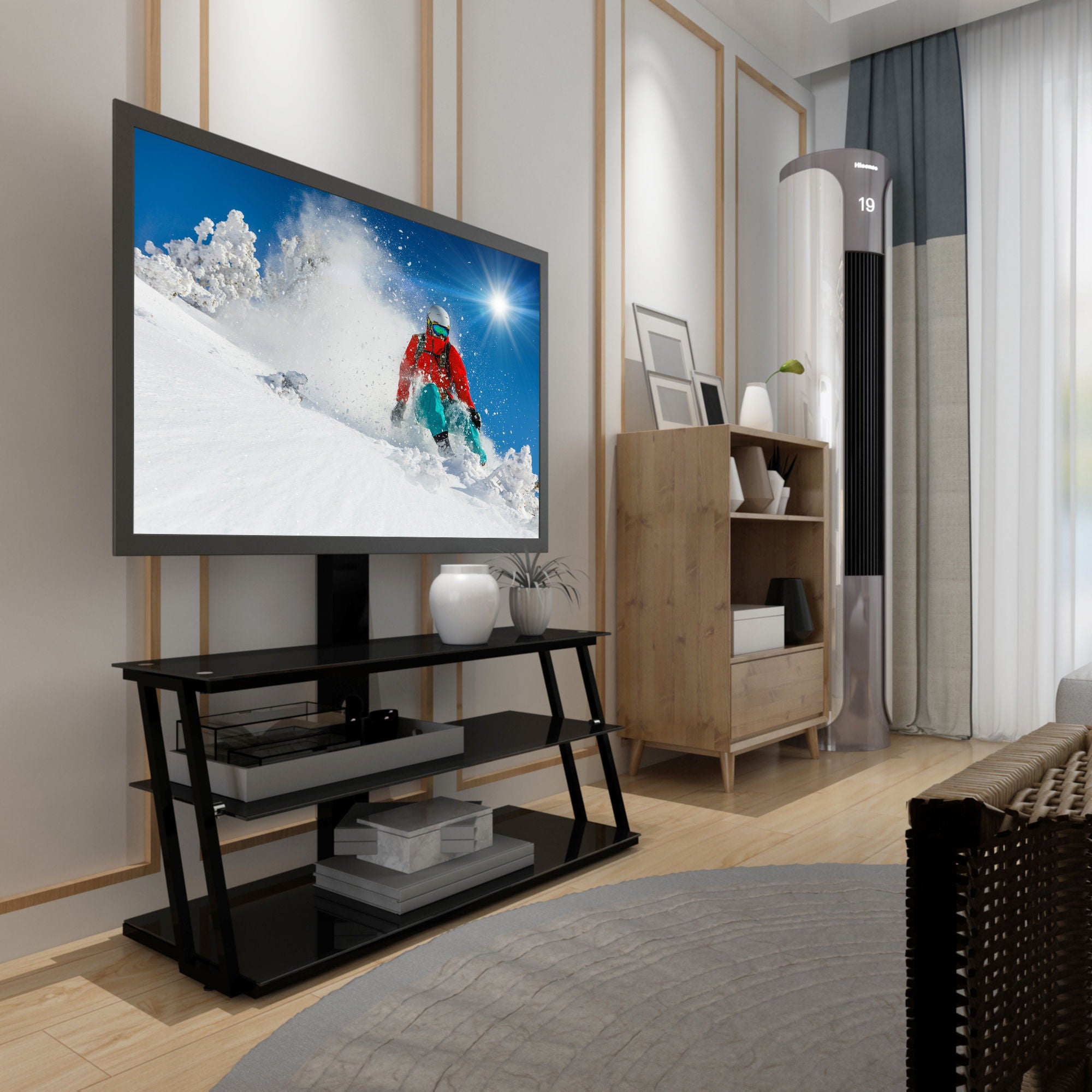 Multi-Function Angle And Height Adjustable Tempered Glass TV Stand - Black - Best Buy Furniture