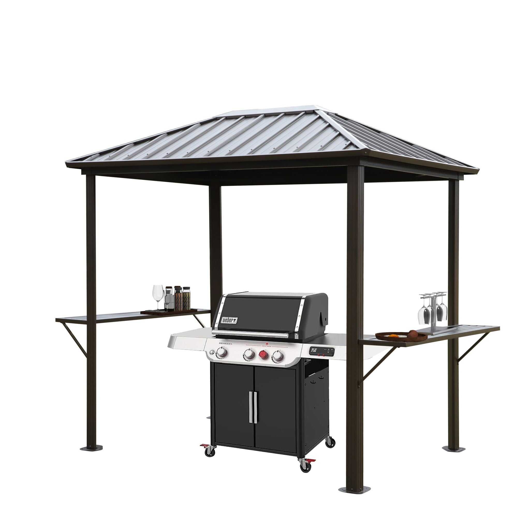 Grill Hardtop Gazebo Outdoor Metal Hard Top Gazebo, Permanent Bbq Gazebo With Galvanized Steel, Aluminum Framed Pavilion With Shelves - Dark Brown - Best Buy Furniture