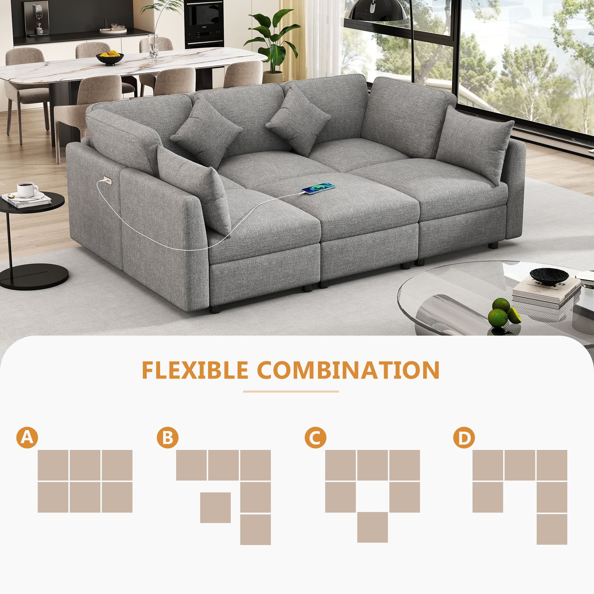 Sectional Sofa Modular Sofa U - Shaped Sofa Couch Sofa Bed L - Shaped Sofa With A Movable Ottoman And Two USB Ports For Living Room - Best Buy Furniture