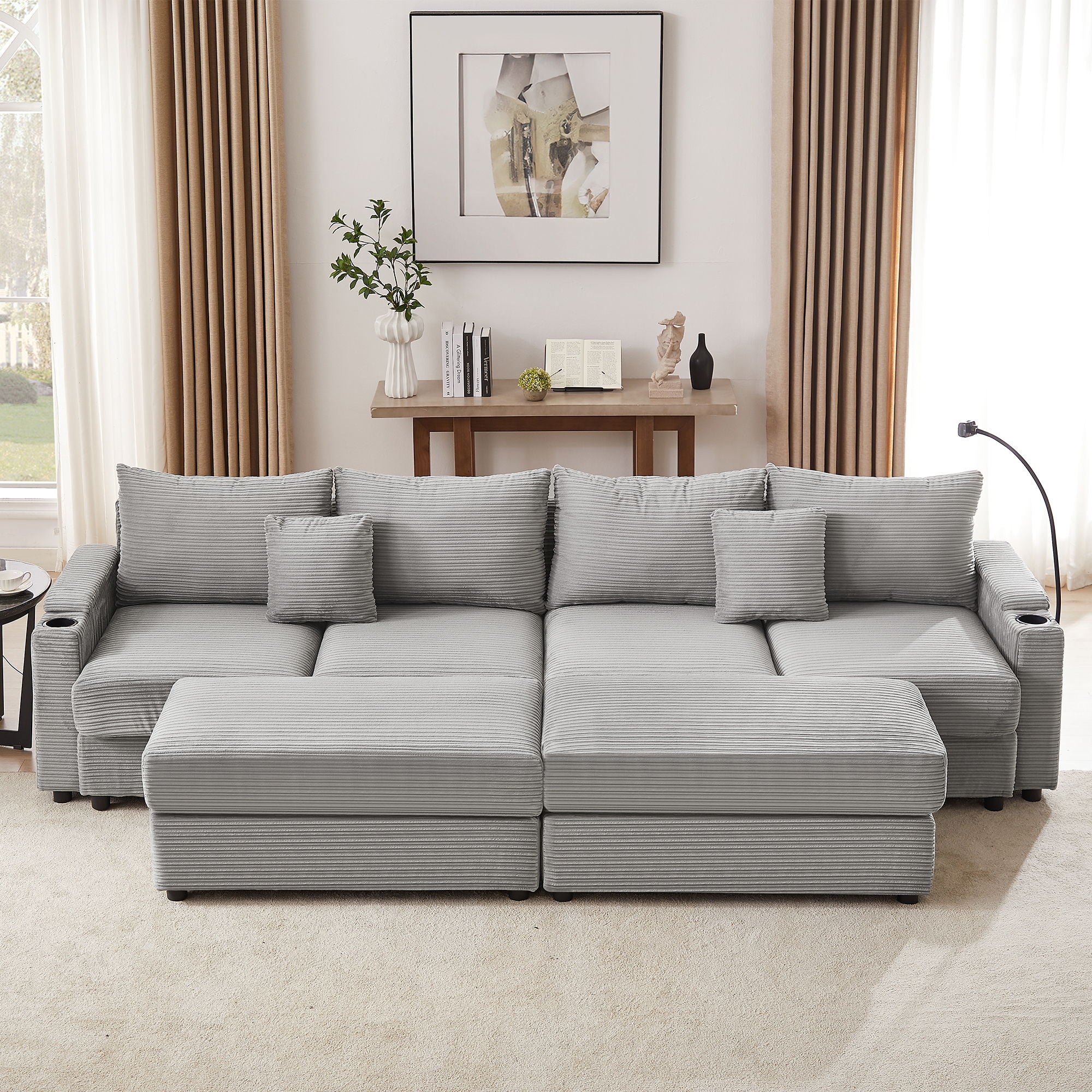 Modern Style Loveseat Sofa Sectional Sofa Couch With Storage Space, A Movable Ottoman, Two USB Ports, Two Cup Holders, A Phone Holder For Living Room - Best Buy Furniture