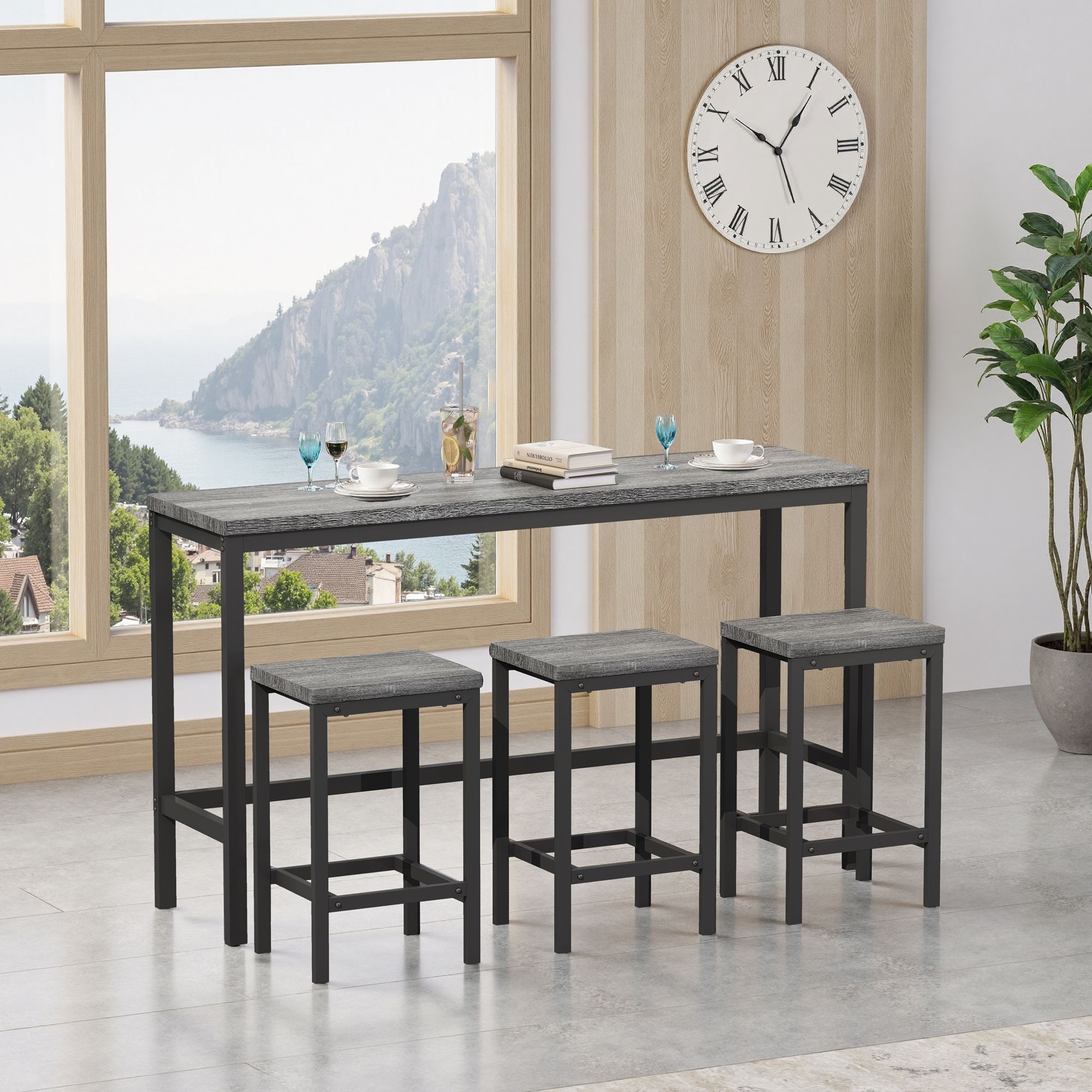 Modern Design Long Dining Table Set With 3 Stools - Best Buy Furniture