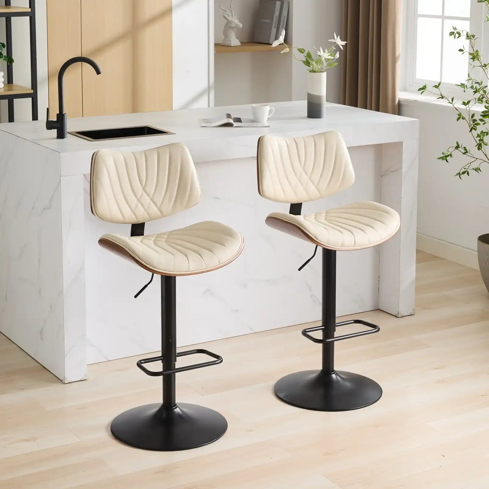 Mid Century Modern Walnut Bar Stool, Adjustable Black Leather Swivel Chair, Beige - Best Buy Furniture