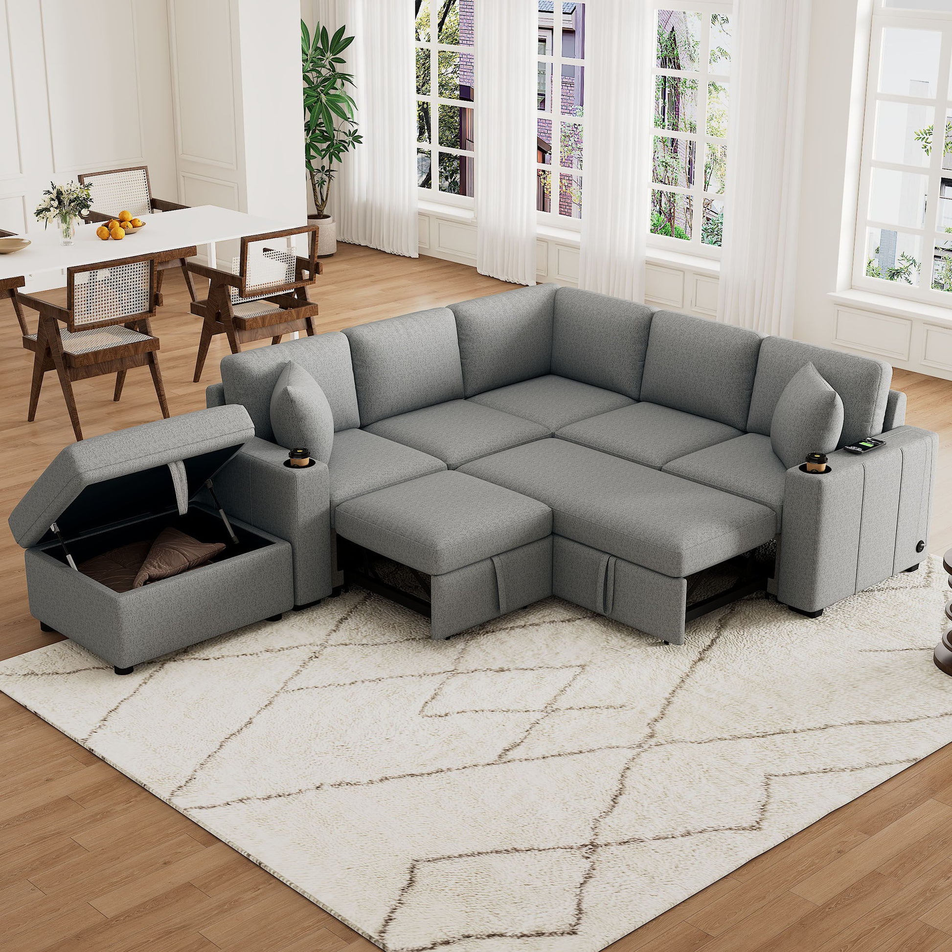 Sectional Sofa Convertible Pull-Out Sofa Bed With A Movable Storage Ottoman For Living Room - Best Buy Furniture