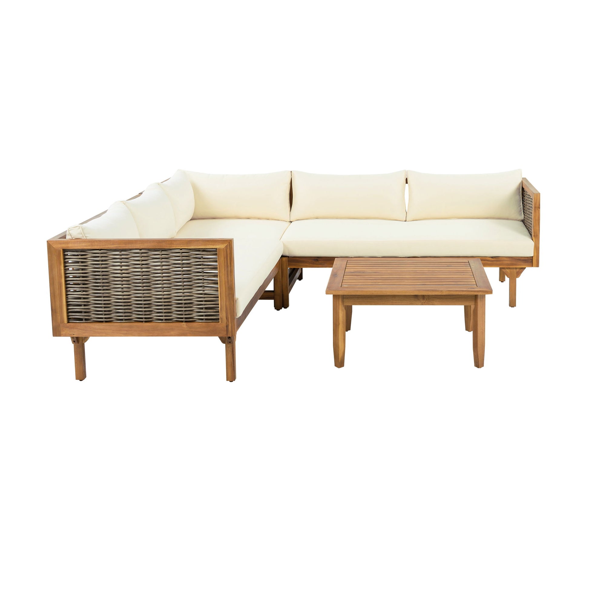 Premium Outdoor Sofa Set With Waterproof Cushions Sectional Seating Group With Acacia Wood And Wicker - Brown Mix / Beige - Best Buy Furniture