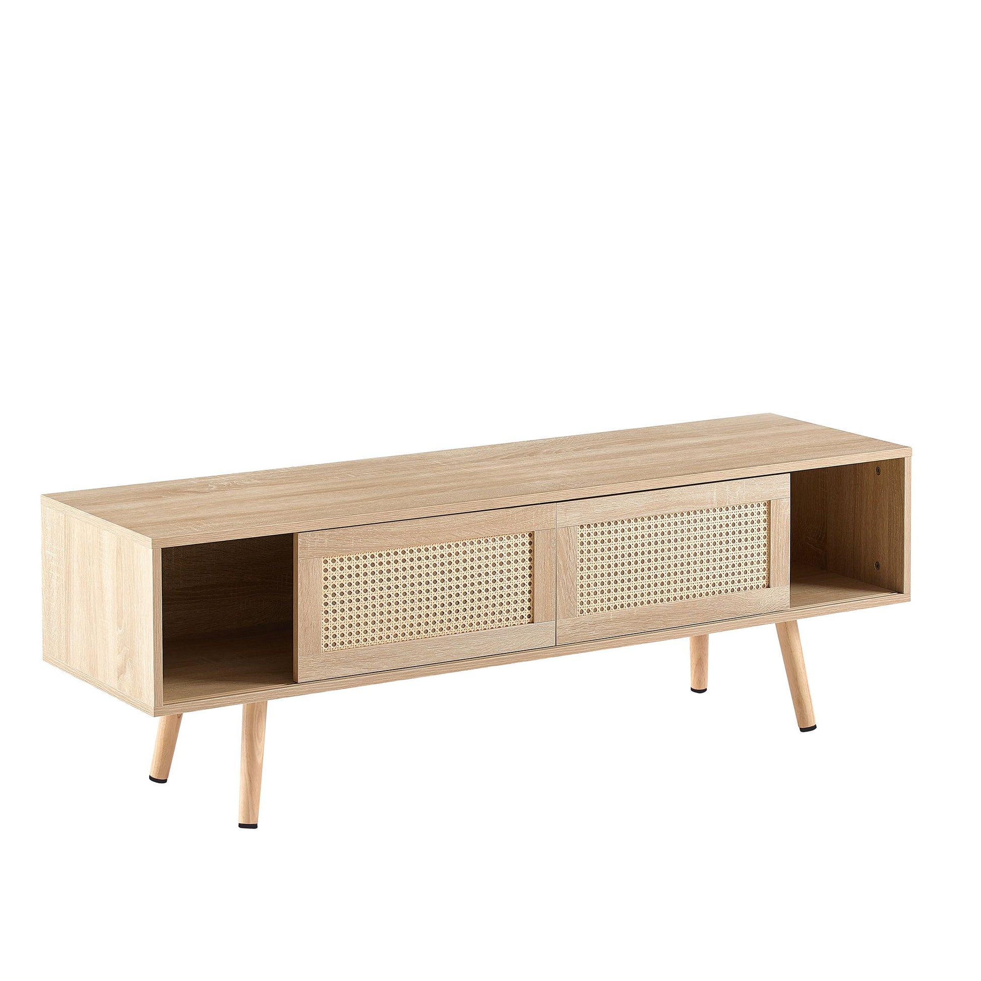 55.12" Rattan TV Cabinet, Double Sliding Doors For Storage, Adjustable Shelf, Solid Wood Legs, TV Console For Living Room - Best Buy Furniture