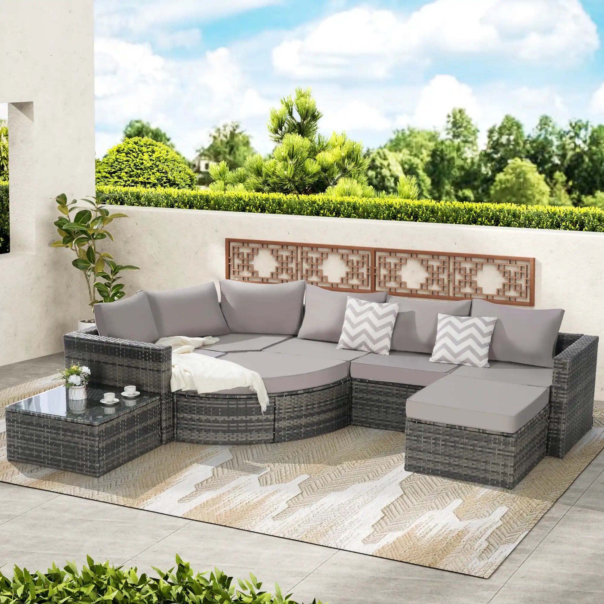 8 Piece L- Shaped Outdoor Patio Sofa Set with Ottoman & Glass Top Table - Best Buy Furniture