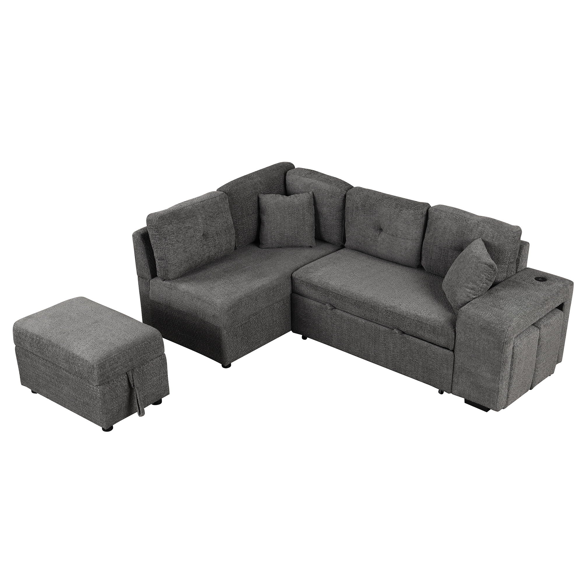 Convertible Sleeper, Sectional Pull Out Sofa Bed With Storage Ottoman, 2 Throw Pillows, 2 Stools, Wireless Charger And Two Hidden USB Ports For Living Room - Best Buy Furniture