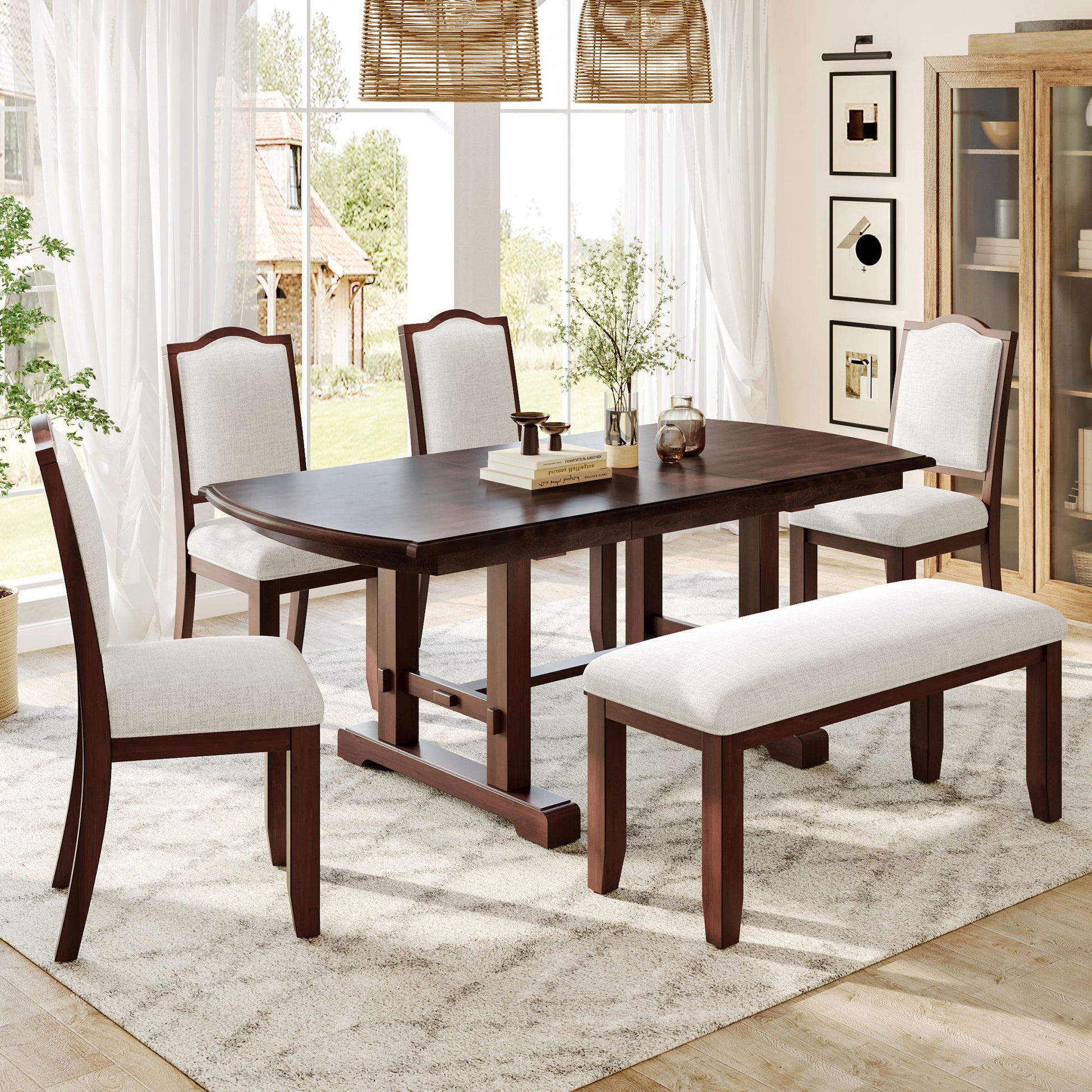 6 Piece Extendable Dining Table Set, Wood Table With Removable Leaf, 4 Upholstered Chairs And Bench - Cherry - Best Buy Furniture