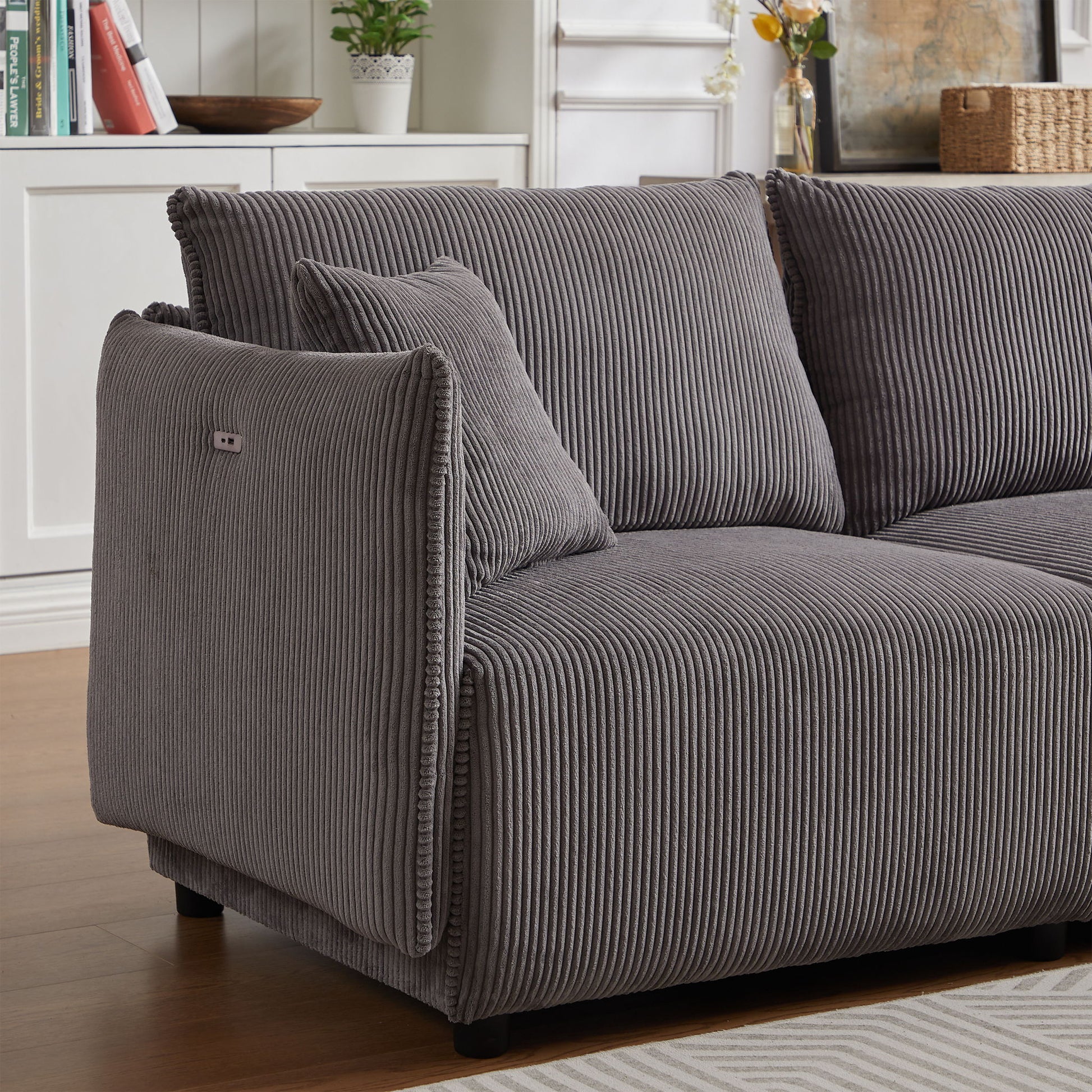 Modern Minimalist Corduroy Combination Sofa With 2 Comfort Cushions With USB & C Charging Ports - Best Buy Furniture