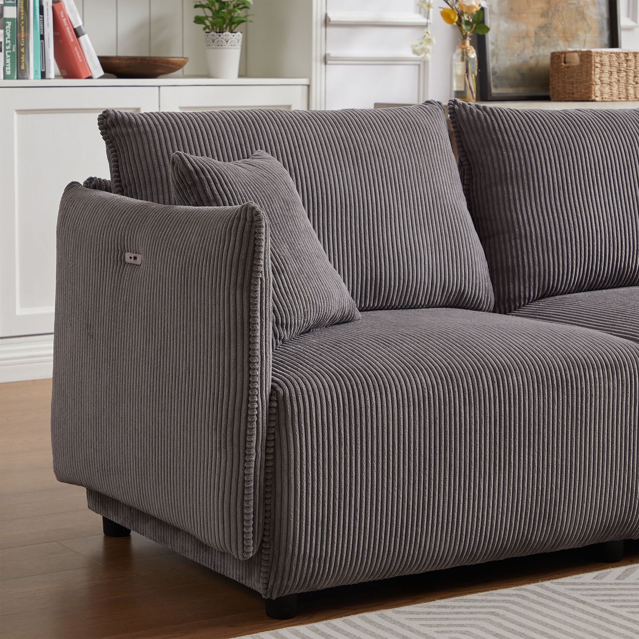 Modern Minimalist Corduroy Combination Sofa With 2 Comfort Cushions With USB & C Charging Ports - Best Buy Furniture