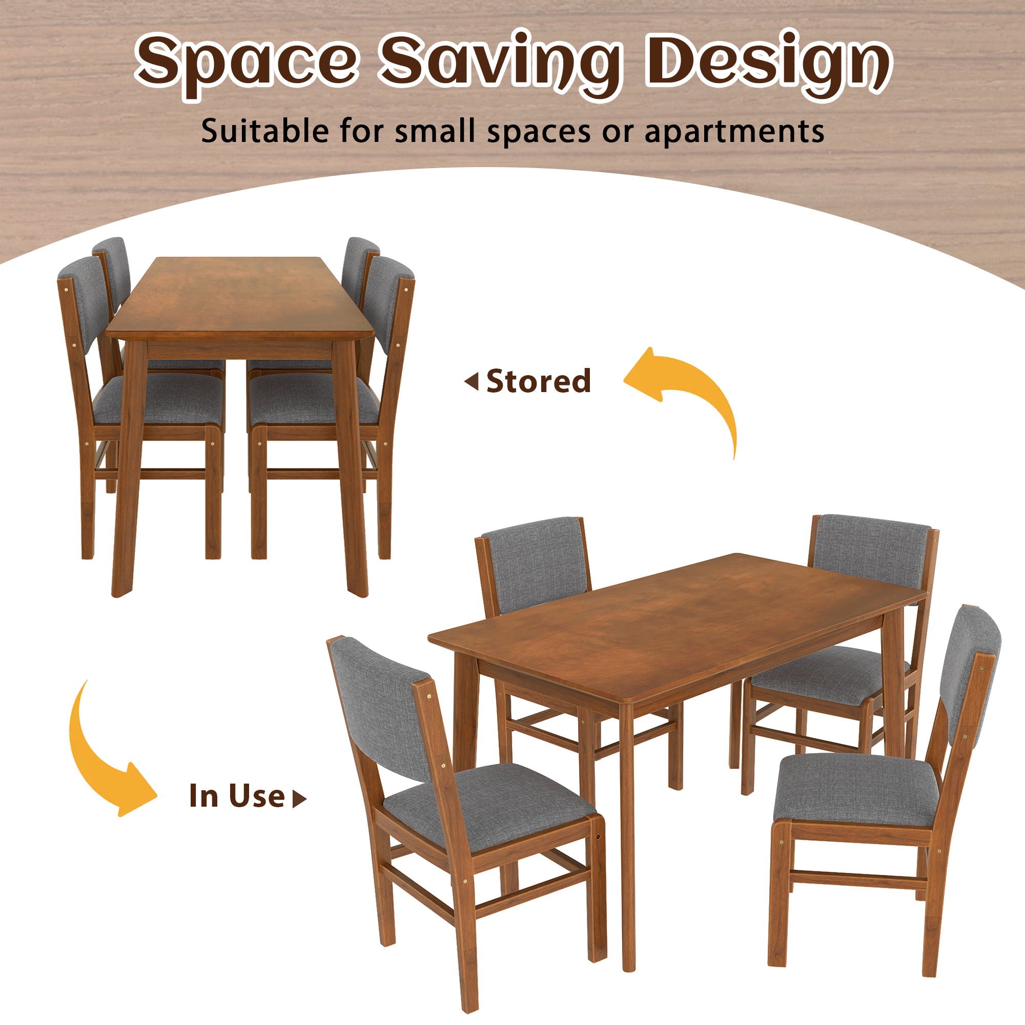5 Pieces Rectangle Wooden Dining Table Set, Mid Century Modern Kitchen Table And 4 Upholstered Chairs For Home, Saving Space - Brown / Gray - Best Buy Furniture