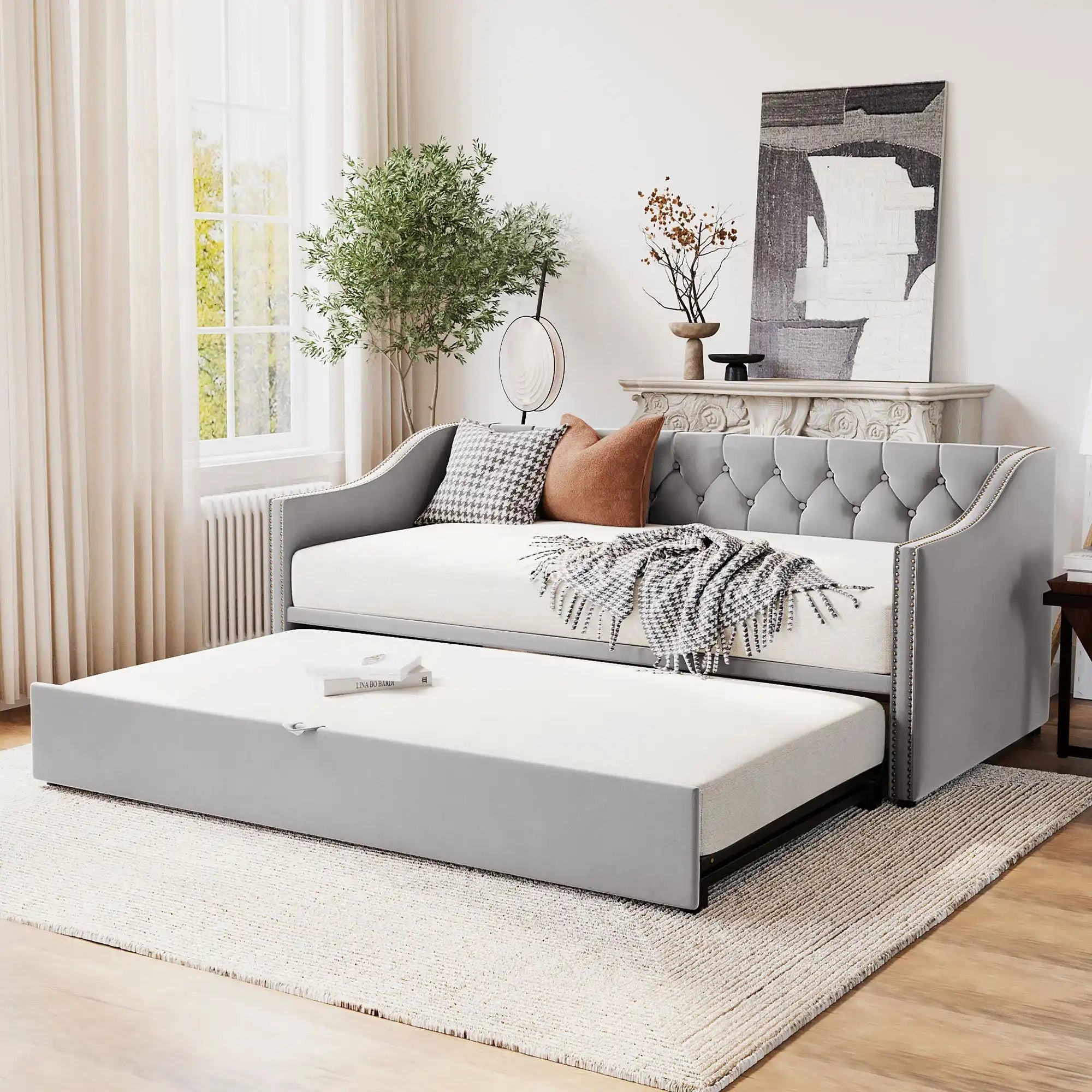 Twin Size Upholstered daybed with Pop Up Trundle, Gray - Best Buy Furniture