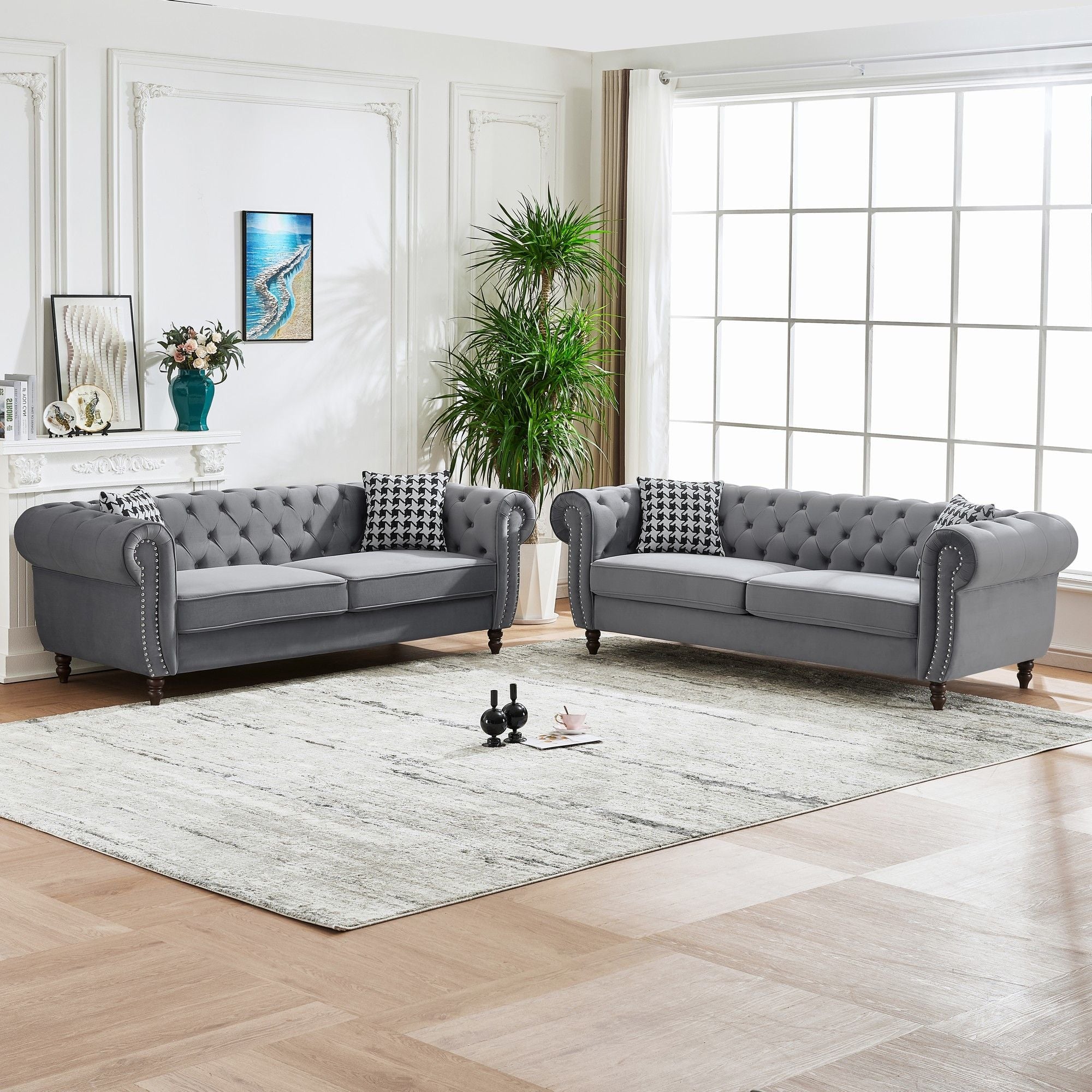 Chesterfield Velvet Upholstery Fabric Sofa With Roll Armrest & Nailhead, Mid Century Modern 3 And 3 Seater Couch - Best Buy Furniture