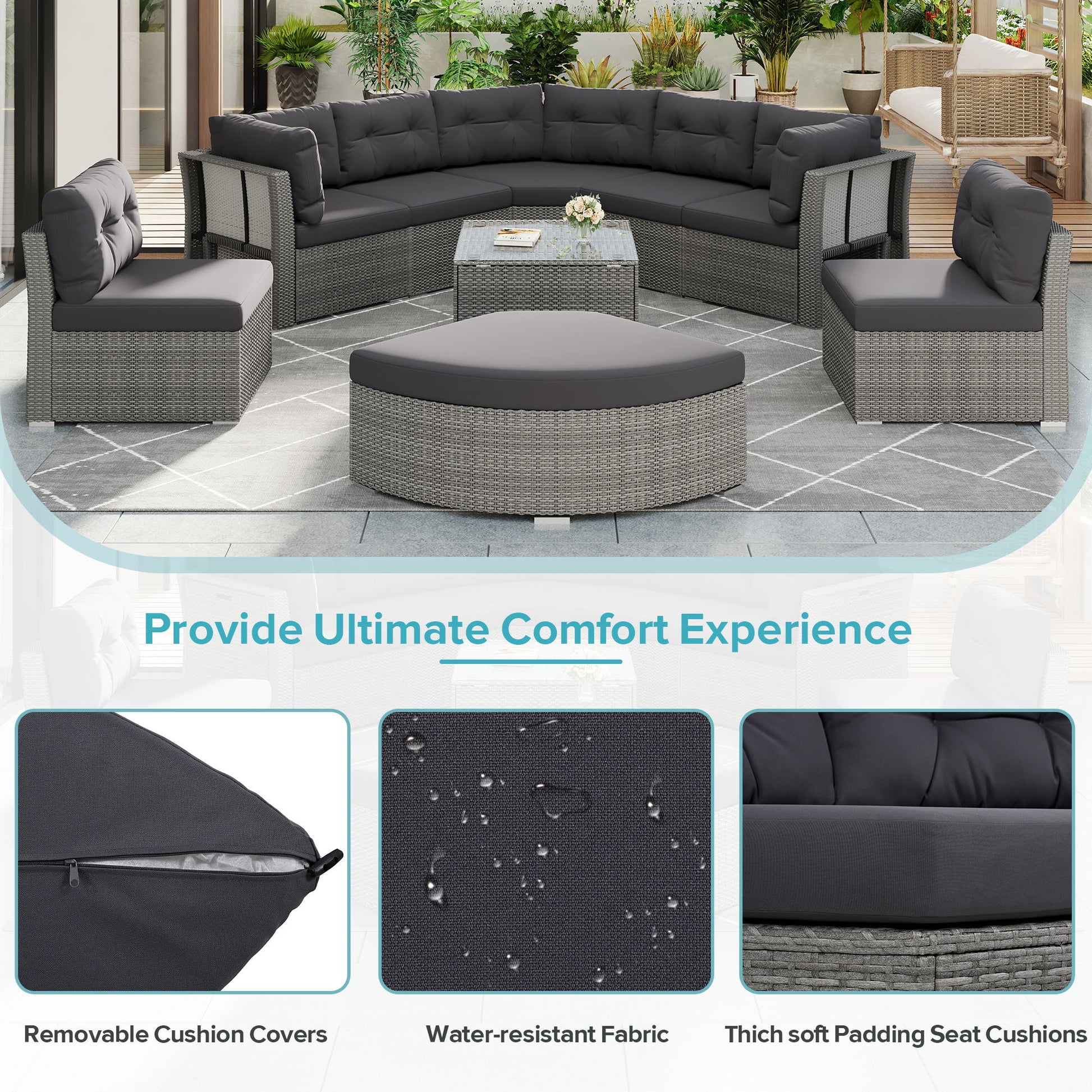 Elegant Patio Furniture Set Outdoor Daybed Rattan Sectional With Cushions And Center Table - Gray - Best Buy Furniture