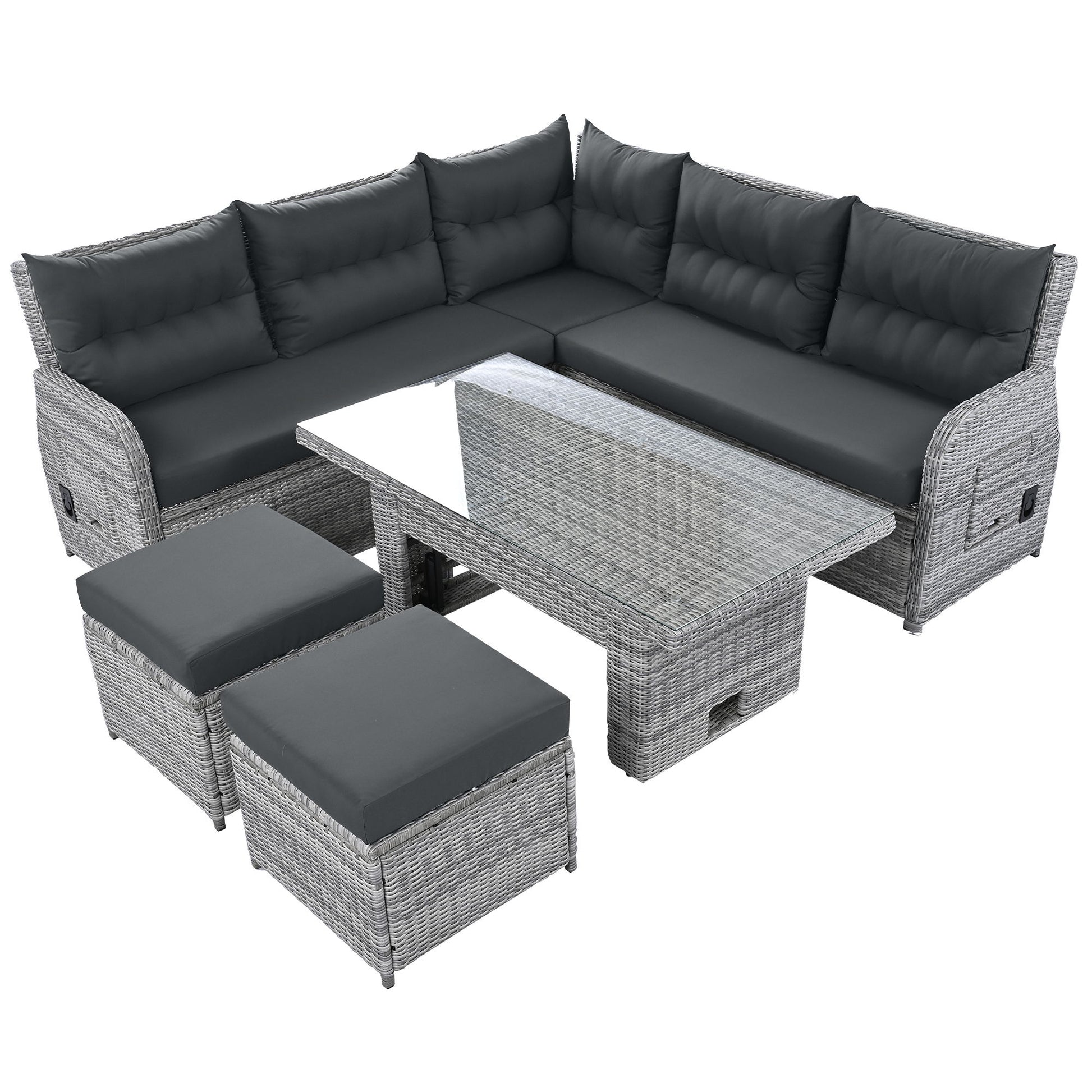 Outdoor Furniture Set Patio Rattan Furniture Set With Adjustable Table, Recliners With Extendable Side Tables And 2 Ottomans - Best Buy Furniture