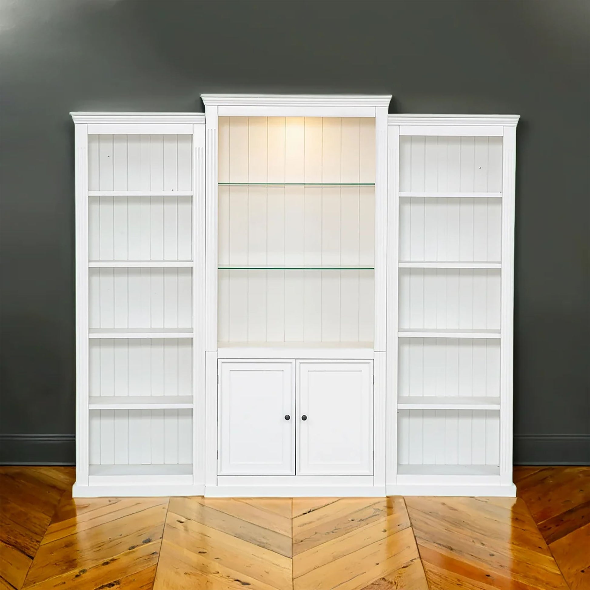 Retro Style 3 Piece Bookcase Display Cabinet With Adjustable LED Lighting, Tempered Glass Shelves - White - Best Buy Furniture