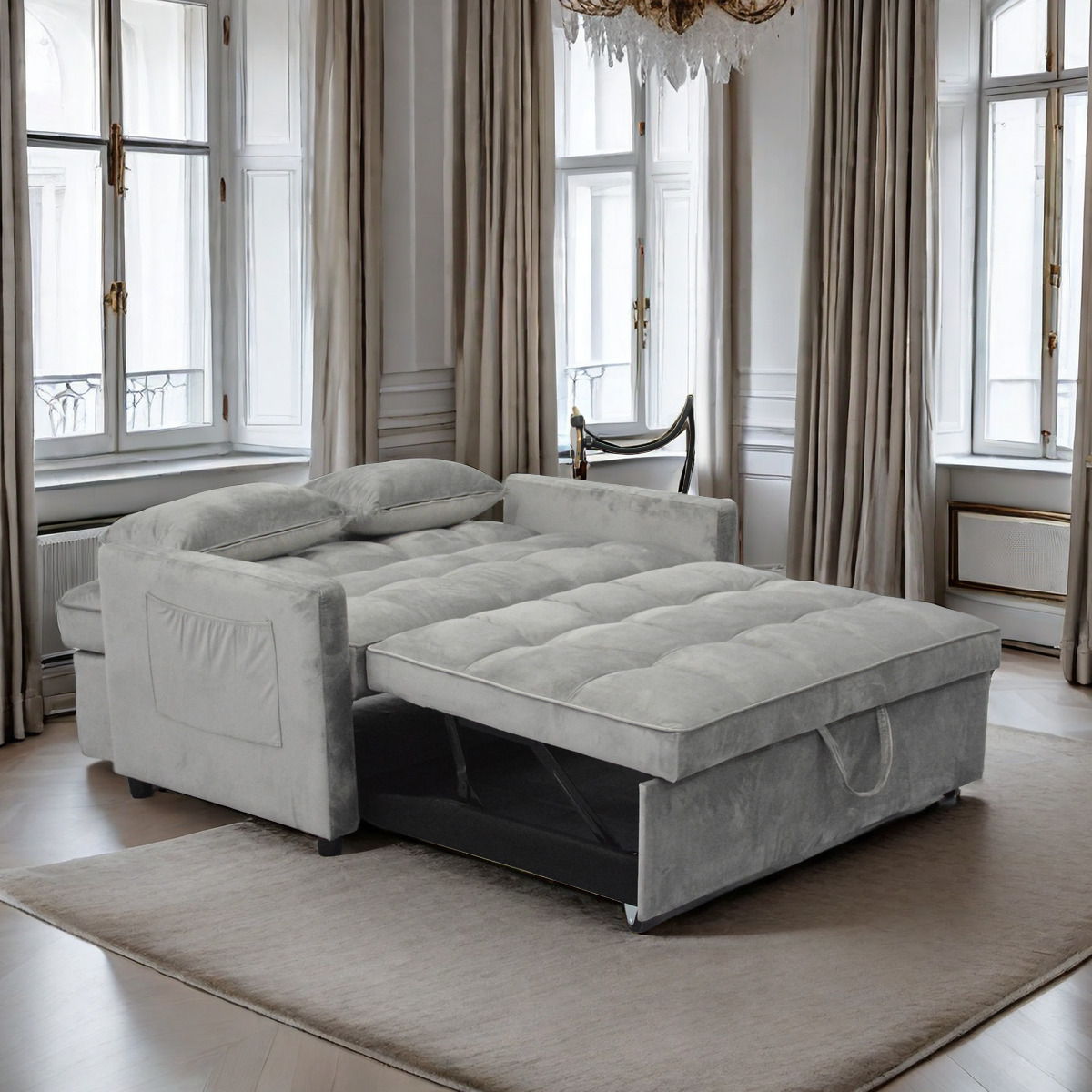 3 In 1 Convertible Sleeper Sofa Bed, Modern Velvet Fabric Futon Sofa Couch Pullout Bed, Adjustable Backrest With Three USB Ports, Two Side Pockets, Two Cup Holders And Swivel Phone Holder - Best Buy Furniture