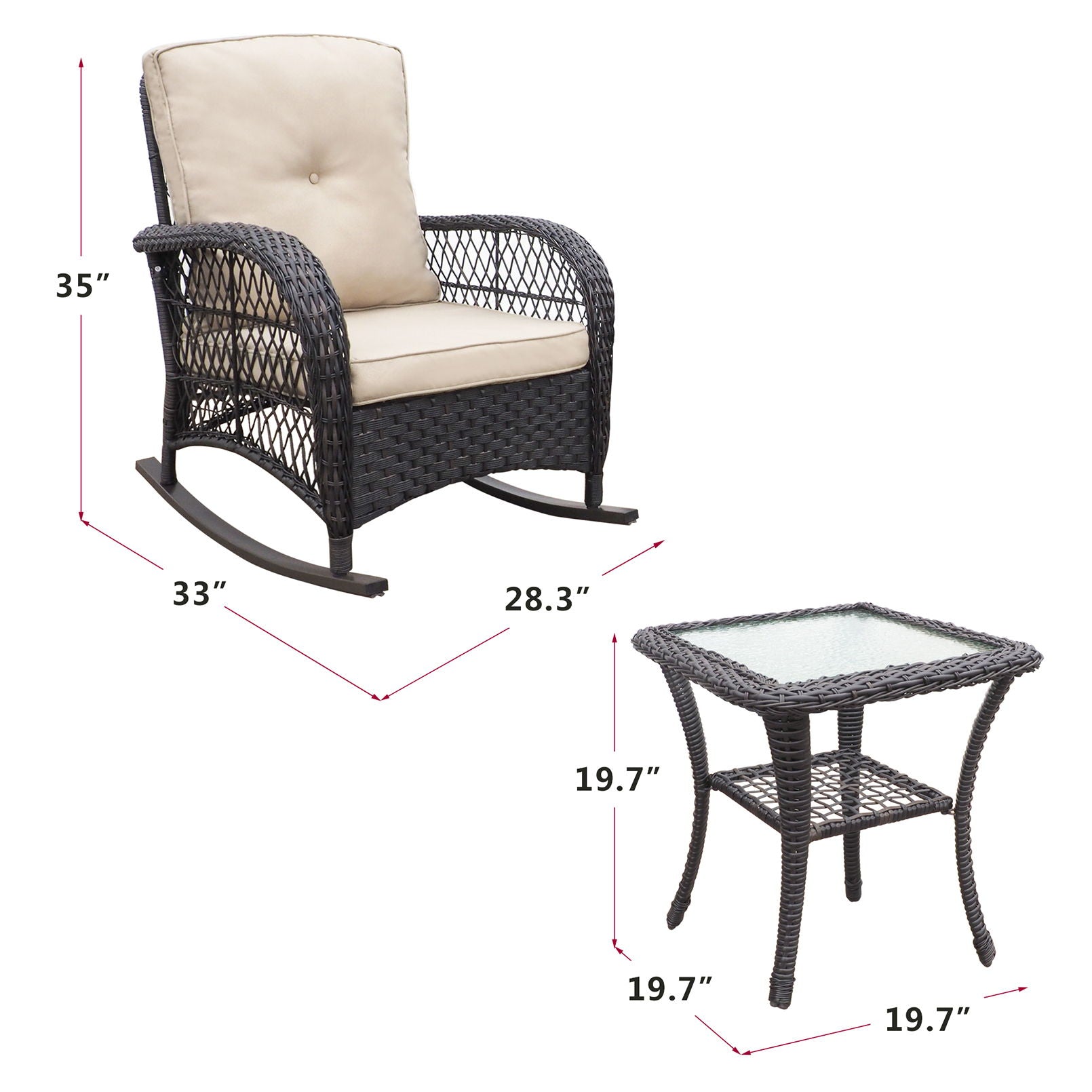 3 Pieces Conversation Set, Outdoor Wicker Rocker Patio Bistro Set, Rocking Chair With Glass Top Side Table - Brown / Beige - Best Buy Furniture
