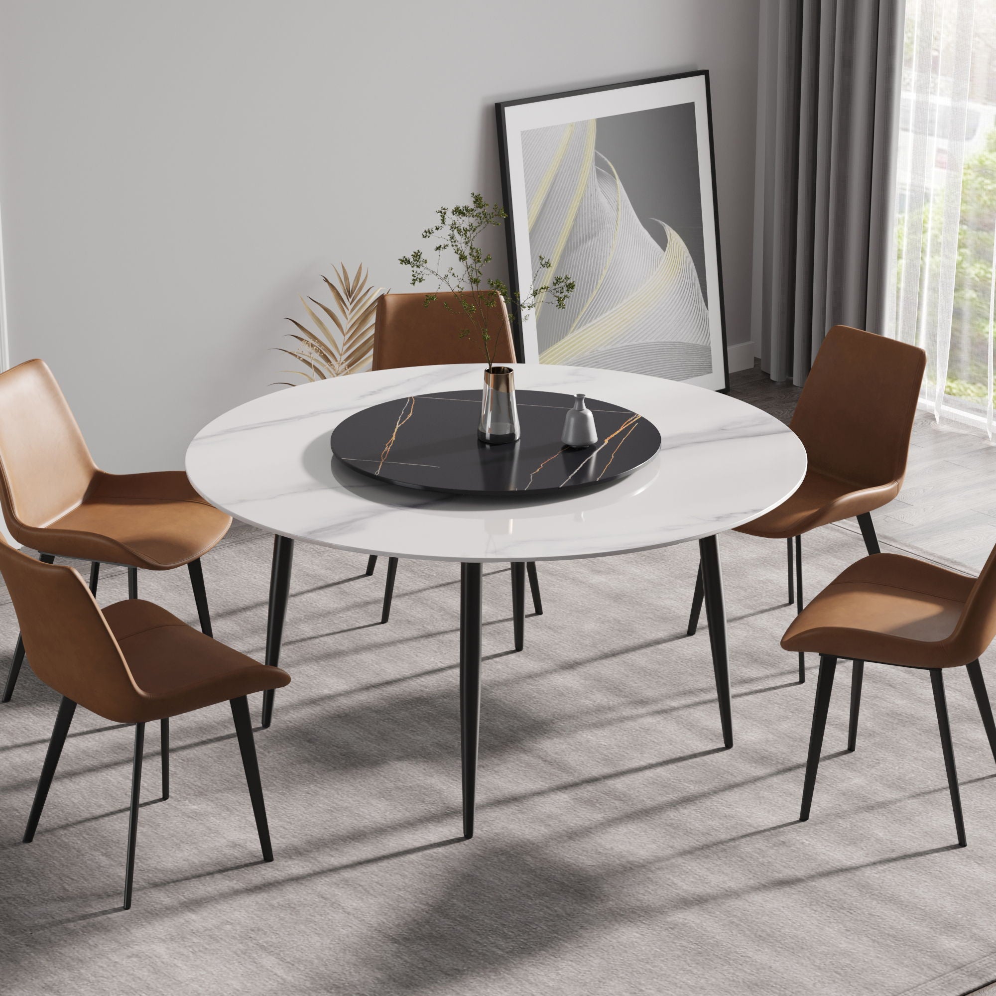 Modern Artificial Stone Round Dining Table, Can Accommodate 6 People Artificial Stone Turntable - Best Buy Furniture