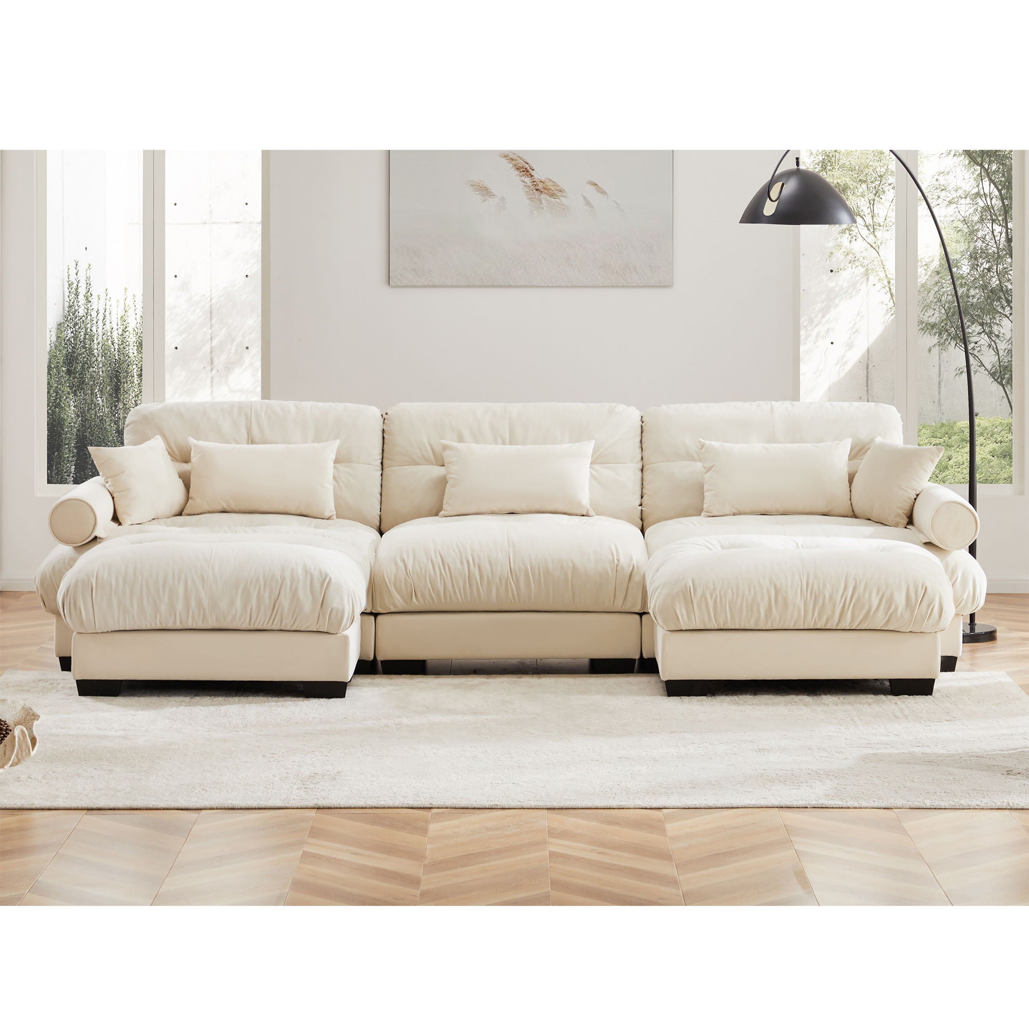Modern Sectional Sofa With Ottoman, Round Bolster Armrests, Waist And Throw Pillows