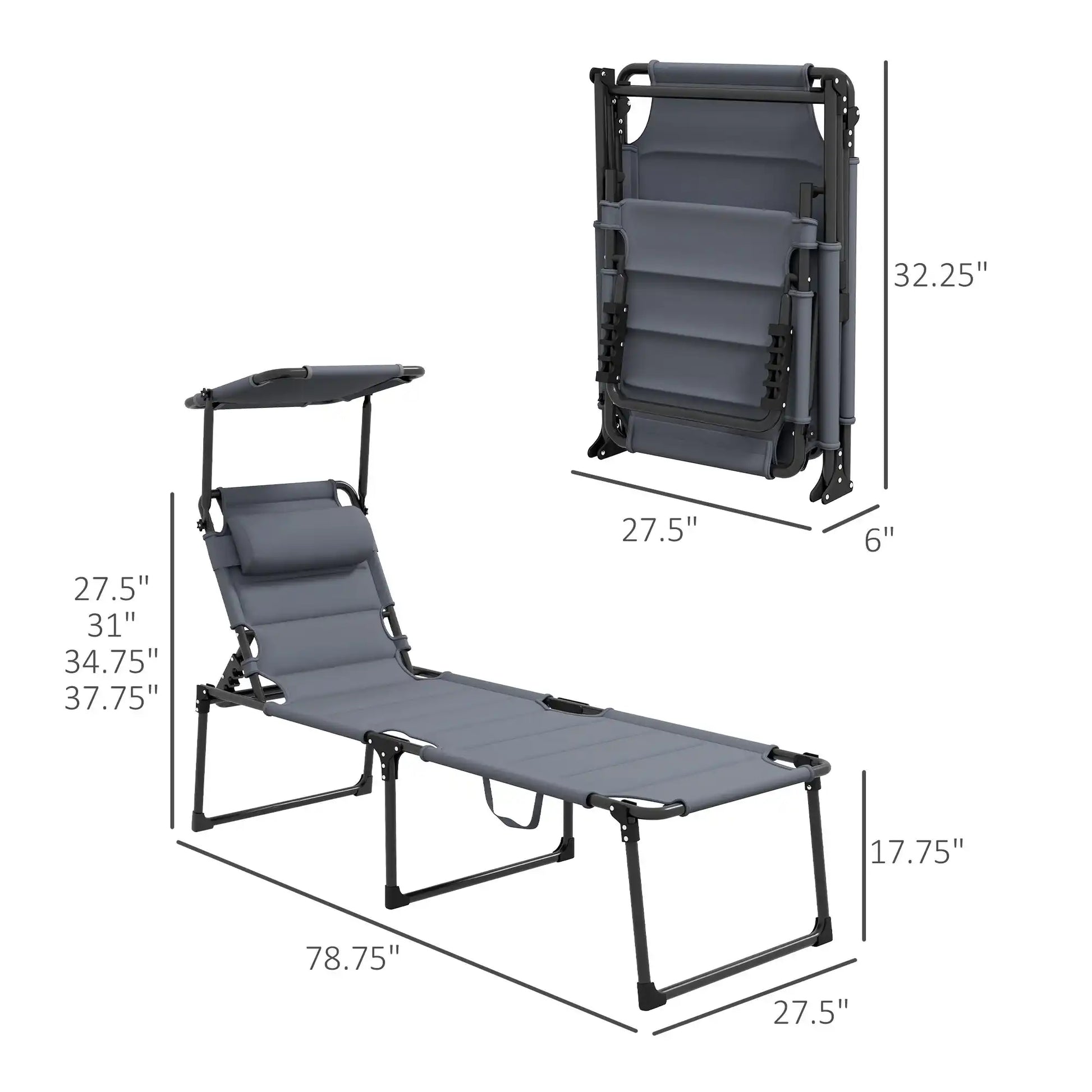 Folding Chaise Lounge Chair with Adjustable Backrest and Sunshade, Gray - Best Buy Furniture