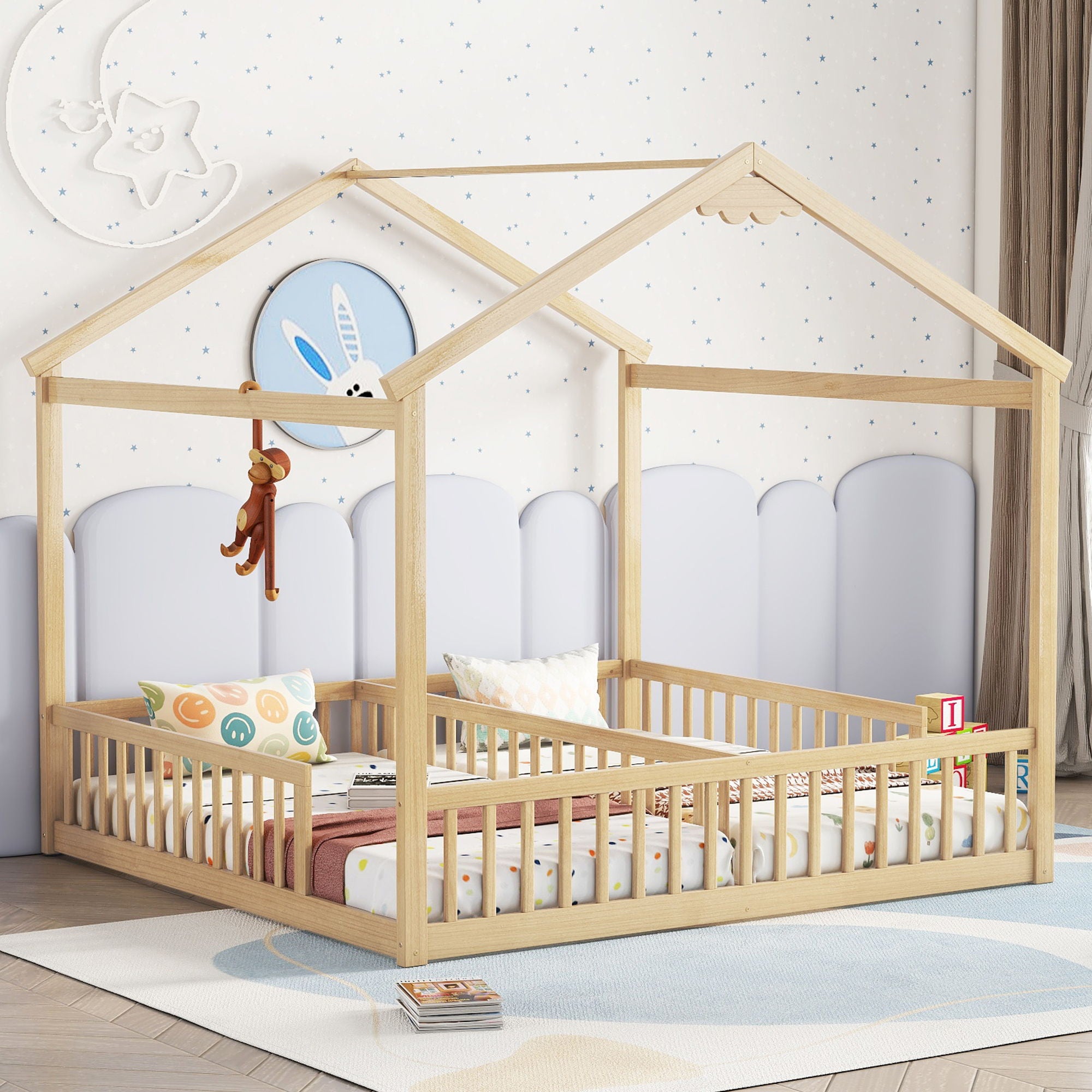 Double Twin House-Style Floor Bed With Fence, Guardrails, Without Door - Best Buy Furniture