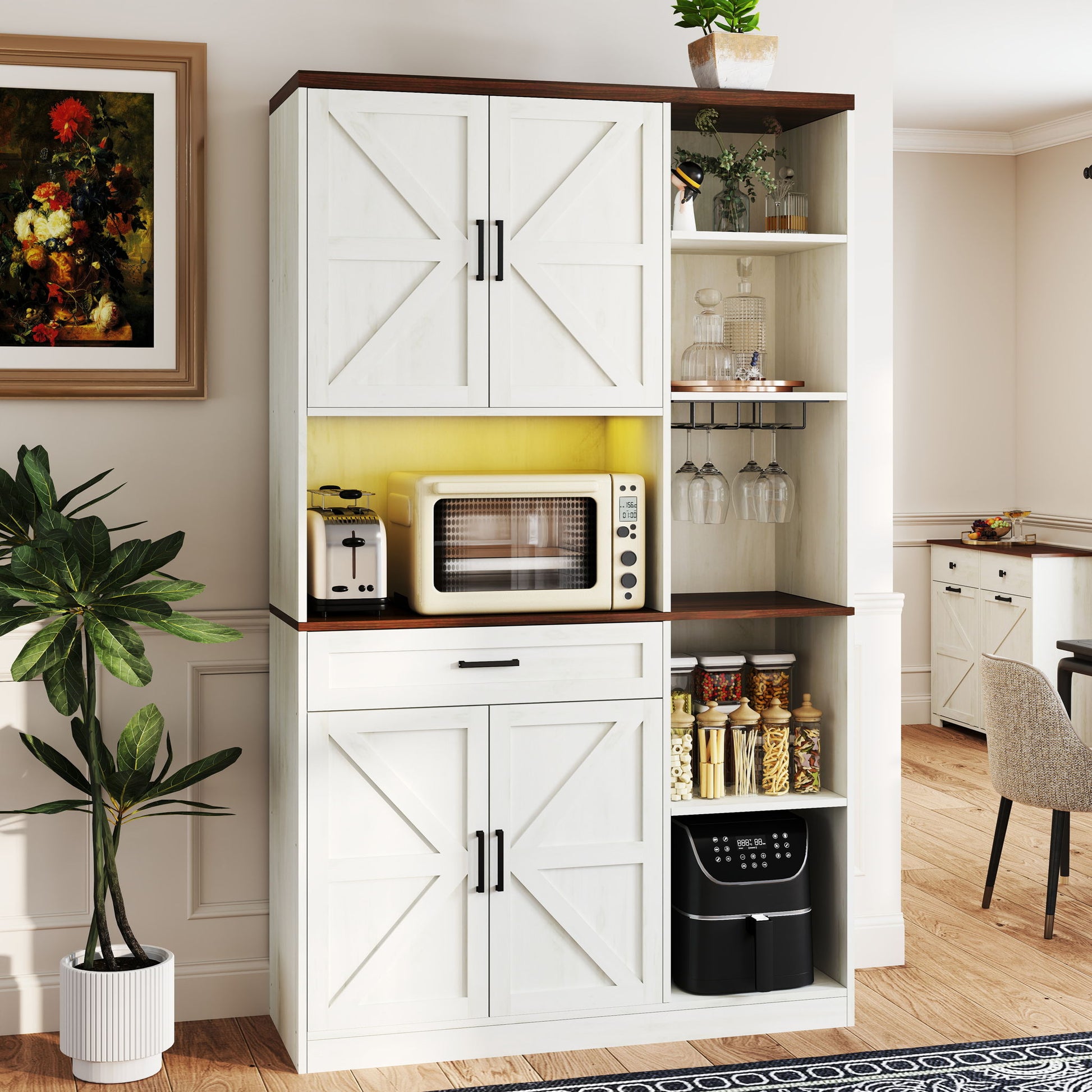 Farmhouse Kitchen Pantry Sideboard With Cabinet And Drawer, Multi Functional Kitchen Buffet With Hutch And Glass Holder, Microwave Stand With Charging Station - Brown / Antique White - Best Buy Furniture