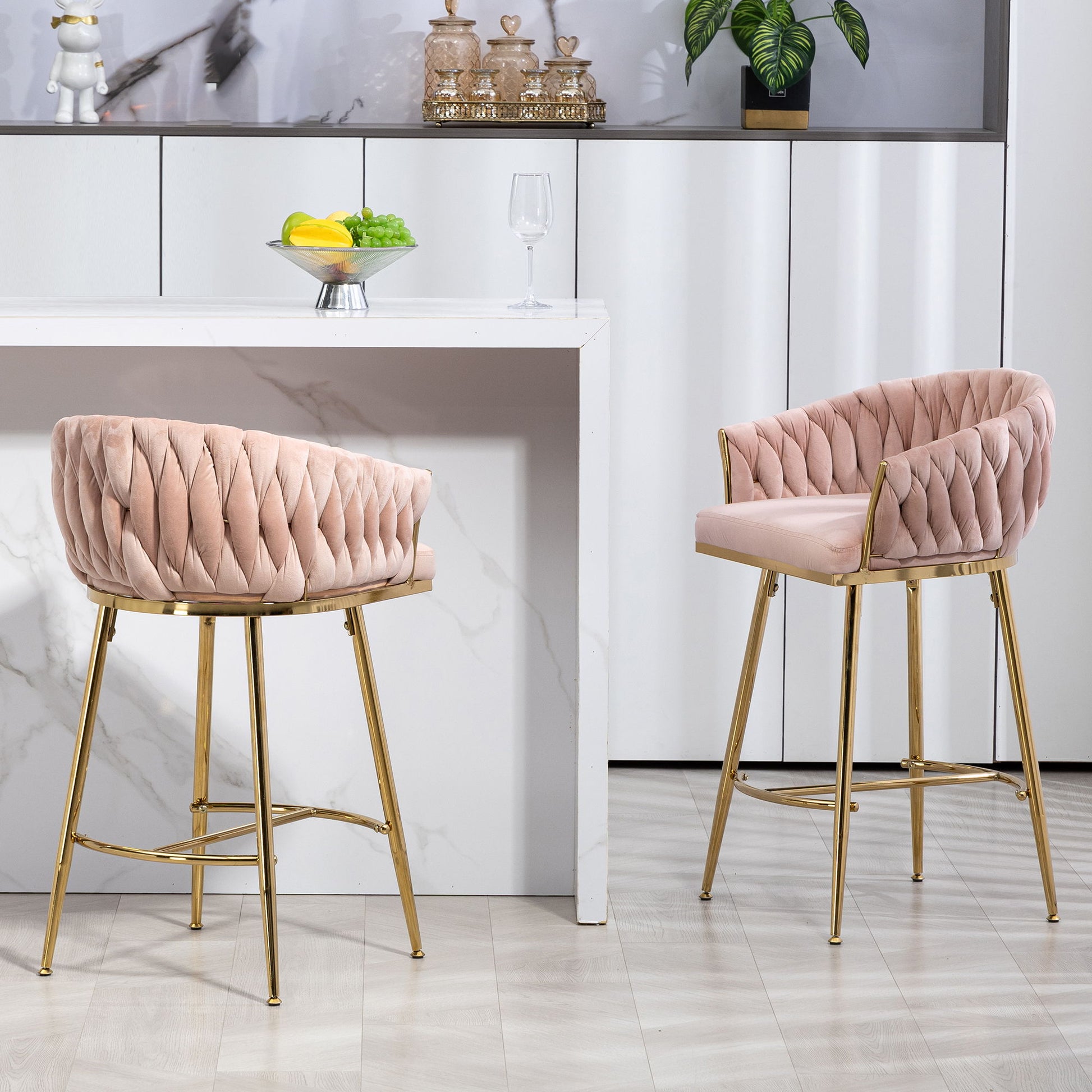 Counter Height Bar Stools Kitchen Island Counter Bar Stool With Hand - Wave Back, Golden Chromed Base And Footrest (Set of 2) - Pink - Best Buy Furniture