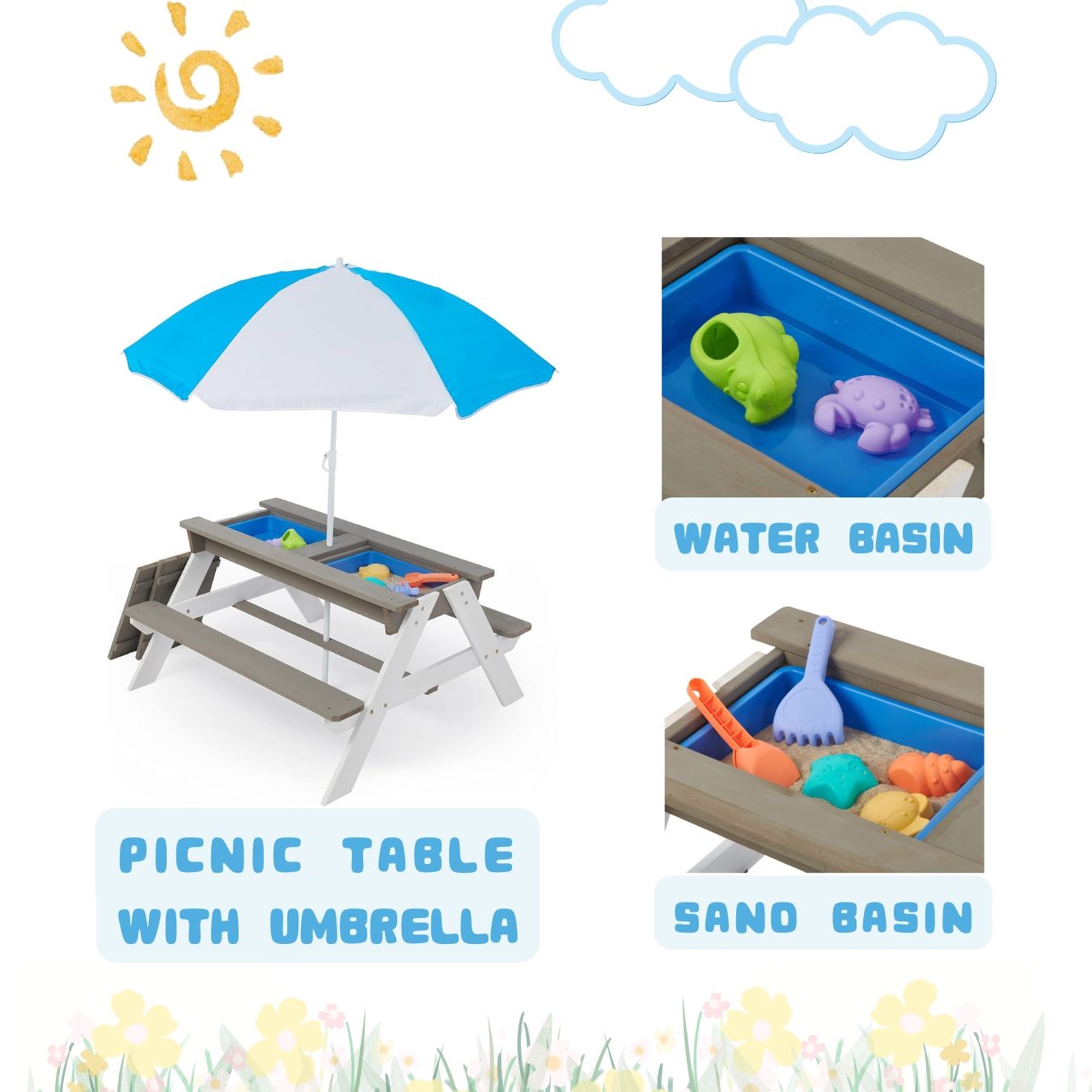 Wooden Kids Picnic Table, Sand And Water Table With Umbrella, Activity Table For Outdoor Backyard Patio Play - White / Gray - Best Buy Furniture
