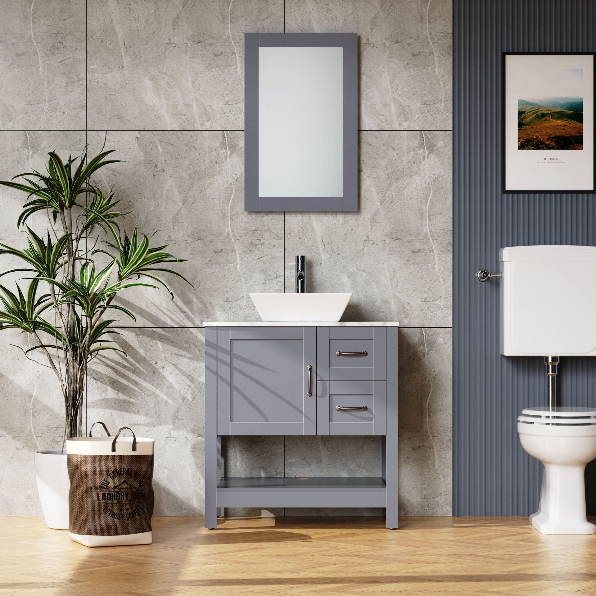 30" Gray Bathroom Vanity And Sink Combo Marble Pattern Top With Mirror Faucet & Drain - Gray - Best Buy Furniture