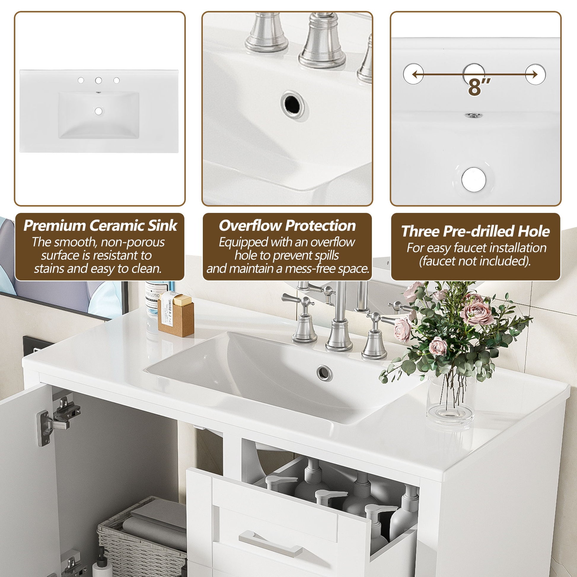 Bathroom Vanity, Modern Bathroom Cabinet With Sink Combo Set, Bathroom Storage Cabinet With A Soft Closing Door And 3 Drawers, Solid Wood Frame - Best Buy Furniture