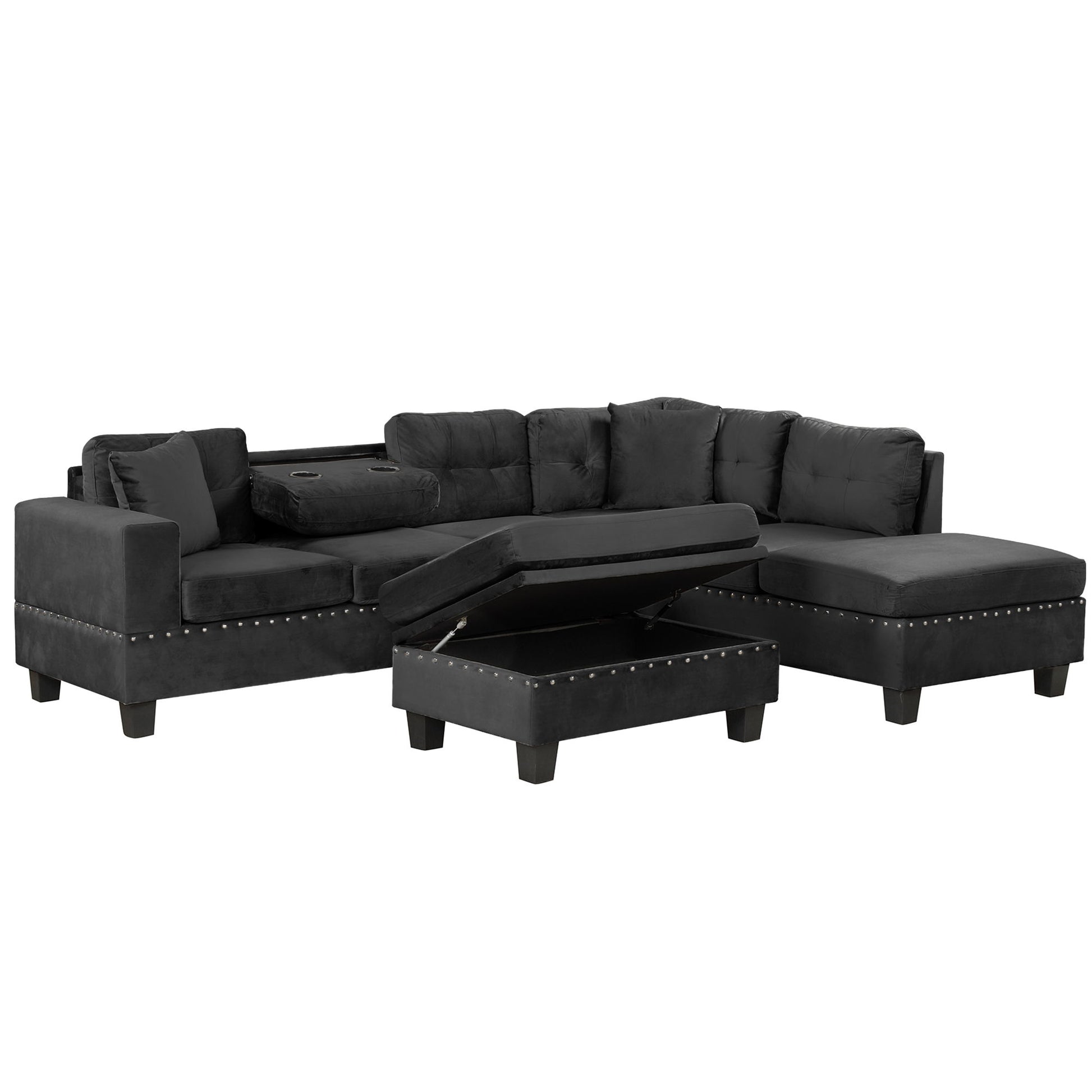 Modern Sectional Sofa With Storage Ottoman, L - Shape Couch With 2 Pillows And Cup Holders - Best Buy Furniture
