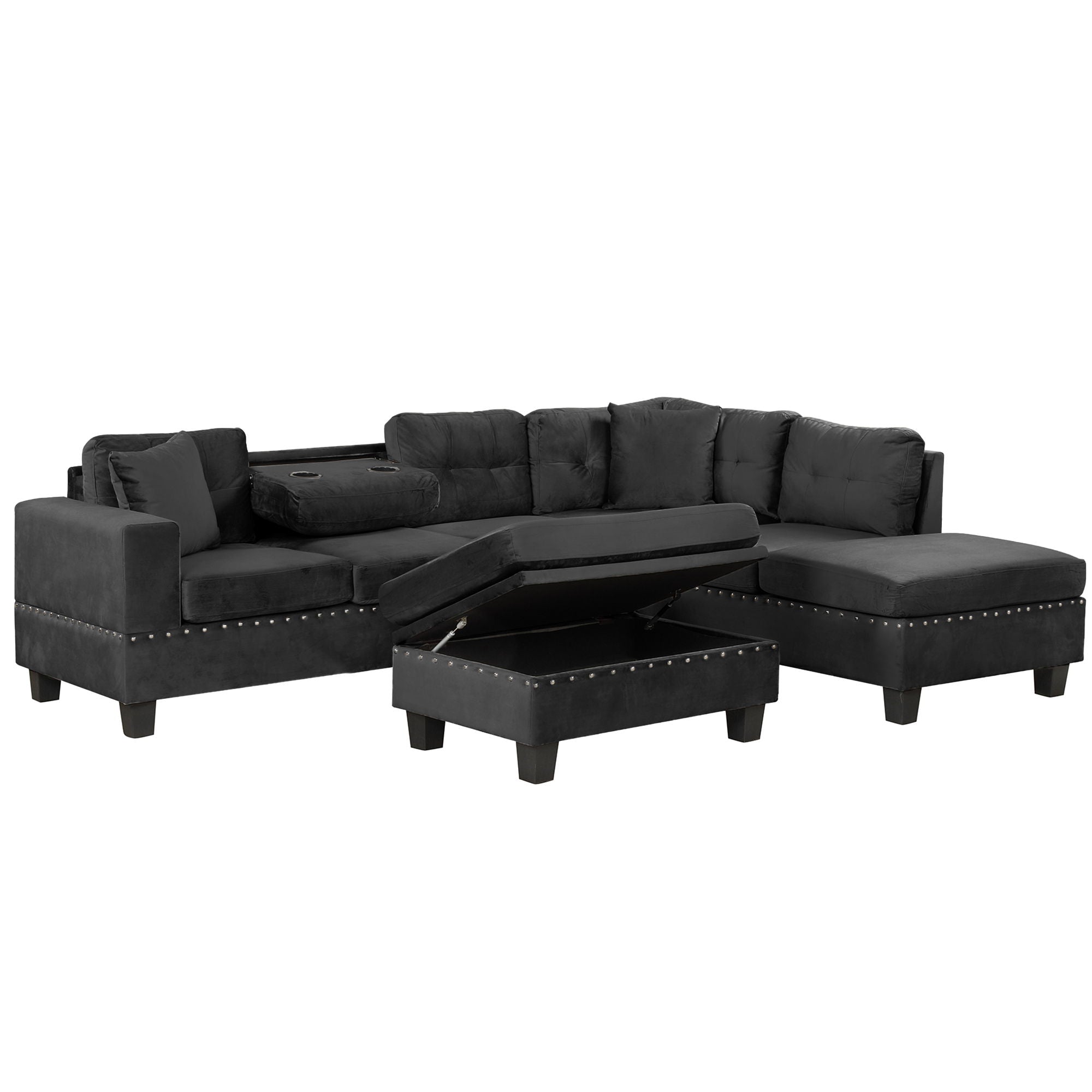 Modern Sectional Sofa With Storage Ottoman, L - Shape Couch With 2 Pillows And Cup Holders - Best Buy Furniture