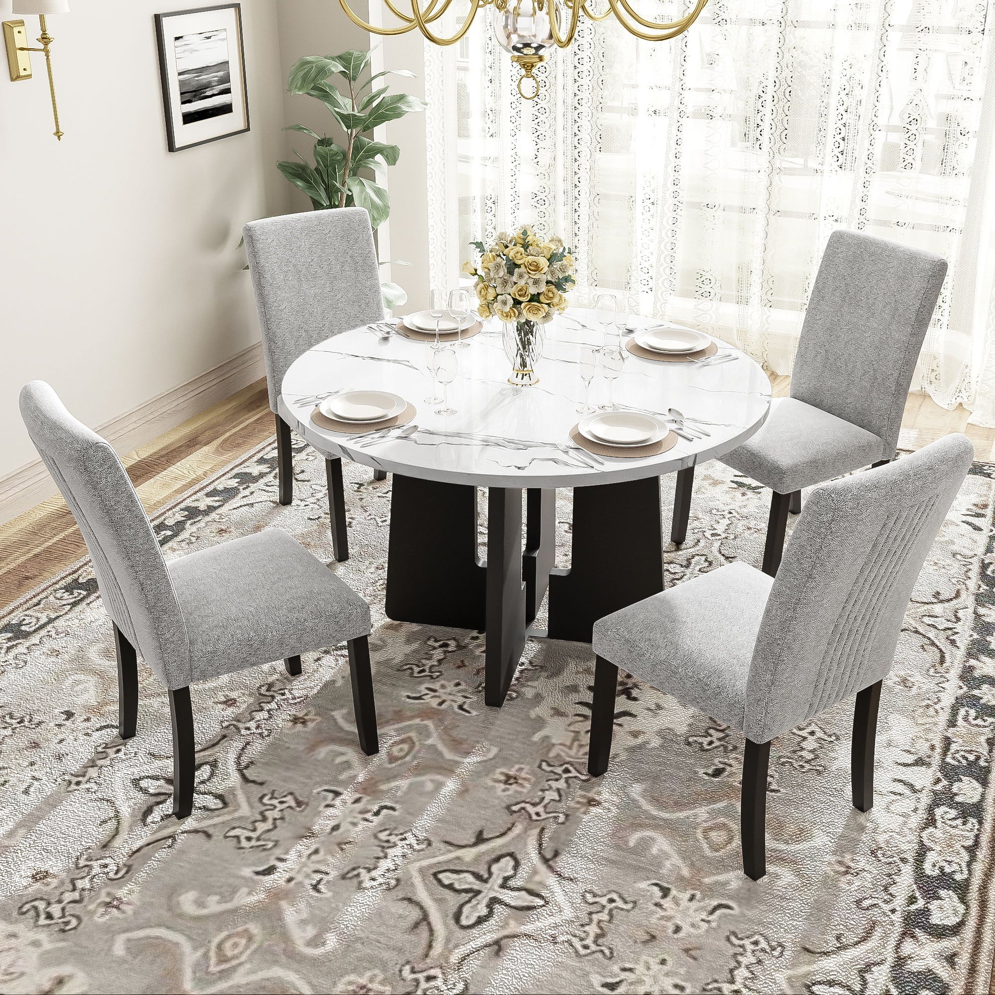 5 Piece Round Dining Table Set, Dining Table And 4 Upholstered Chairs For Dining Room, Kitchen Room, Living Room - White / Gray - Best Buy Furniture