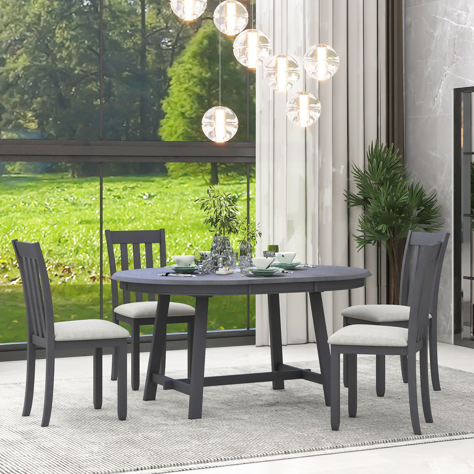 5 Piece Wood Dining Table Set With Extendable Round Table And 4 Chairs - Best Buy Furniture