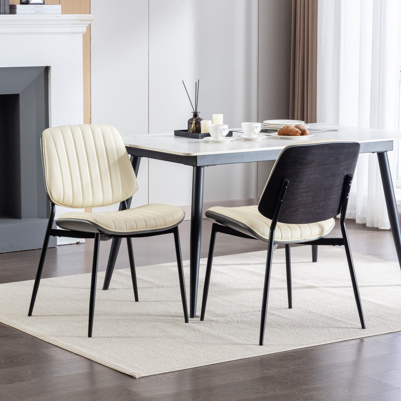 Dining Chairs (Set of 2) Mid-Century Modern Retro Faux Leather Chair With Walnut Bentwood Back Upholstered Seat Metal Legs Adjustable Foot For Kitchen Dining Room Chairs - Best Buy Furniture