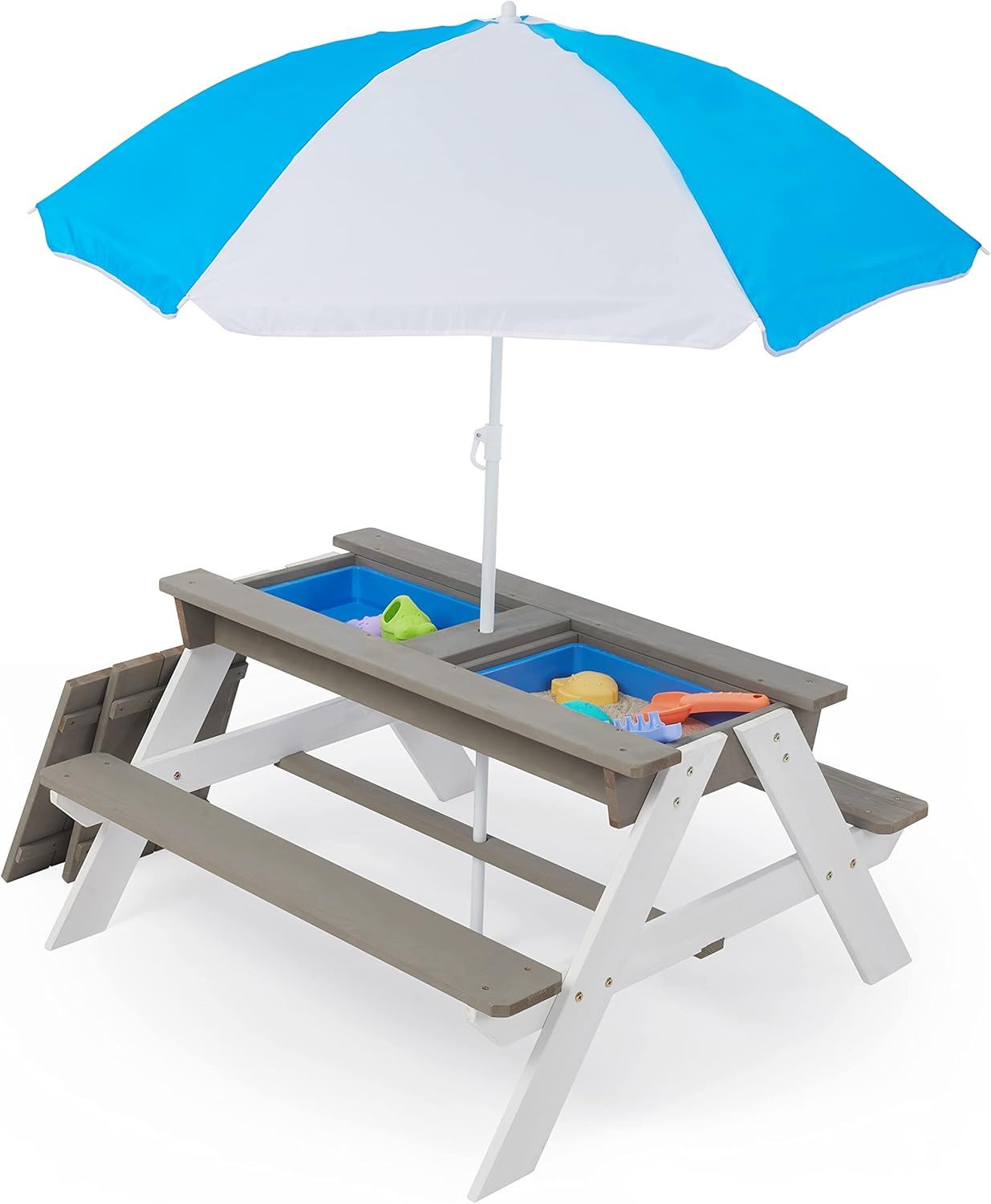 Wooden Kids Picnic Table, Sand And Water Table With Umbrella, Activity Table For Outdoor Backyard Patio Play - White / Gray - Best Buy Furniture
